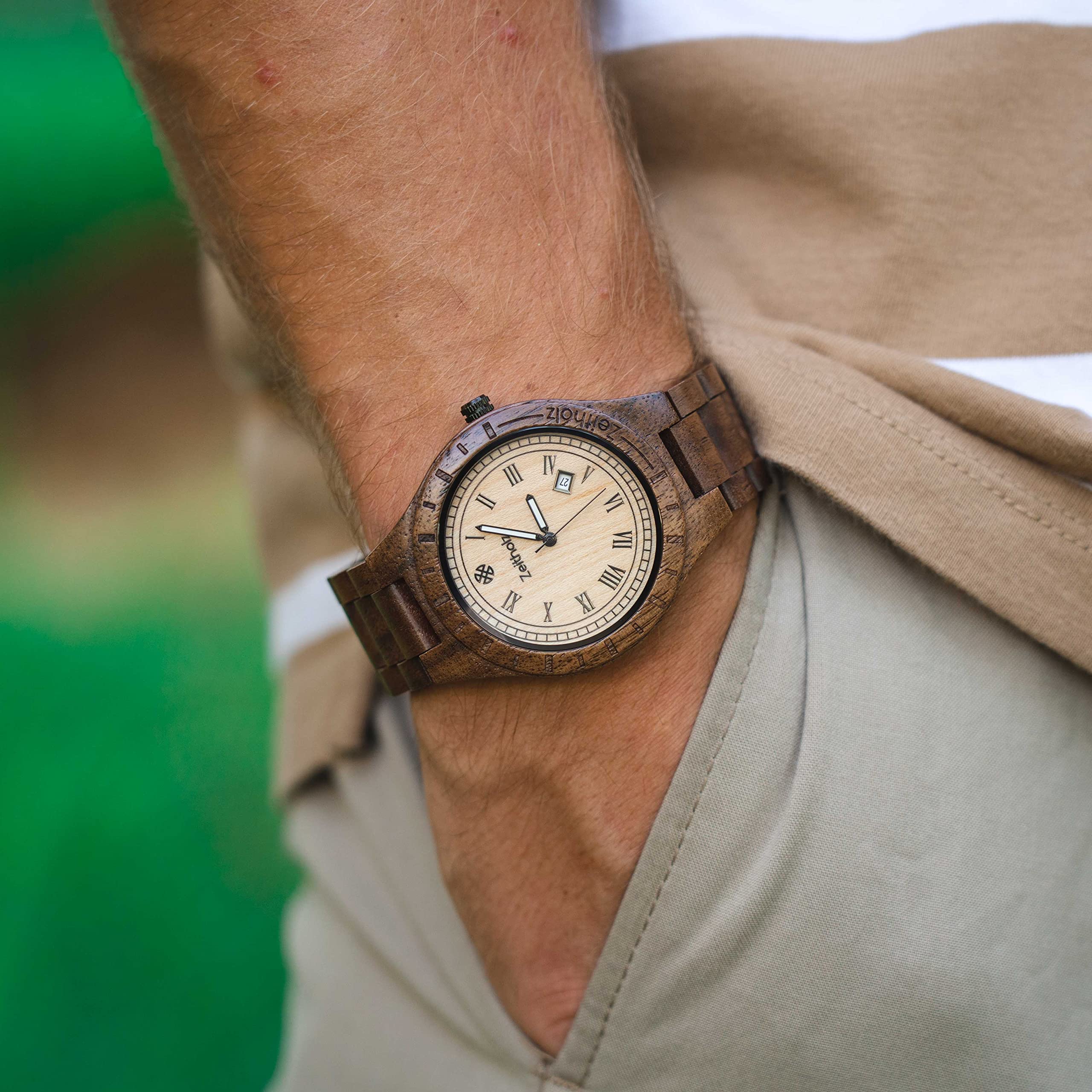 Zeitholz Men's Wooden Watch - 100% Natural Wood Analog Watch with Japanese Quartz Movement, 44mm Zittau Collection - Perfect Gift for Men, Ideal for Casual, Business & Outdoor Activities