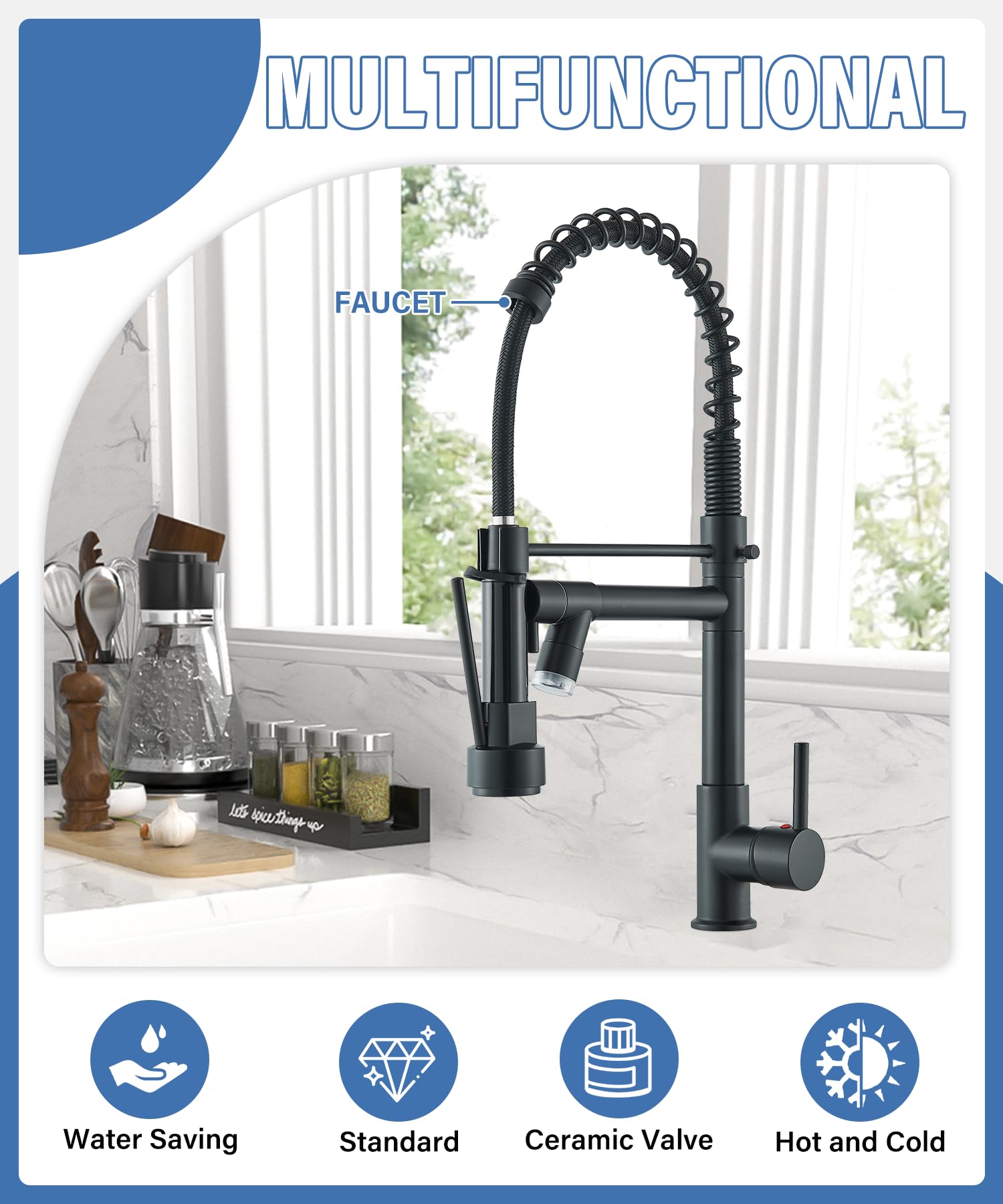 NeierThodore LED Kitchen Faucet - Stainless Steel Single Handle Single Hole Sink Faucet with Pull Down Sprayer, Matte Black Finish - Perfect for Modern Kitchens & Bar Sinks