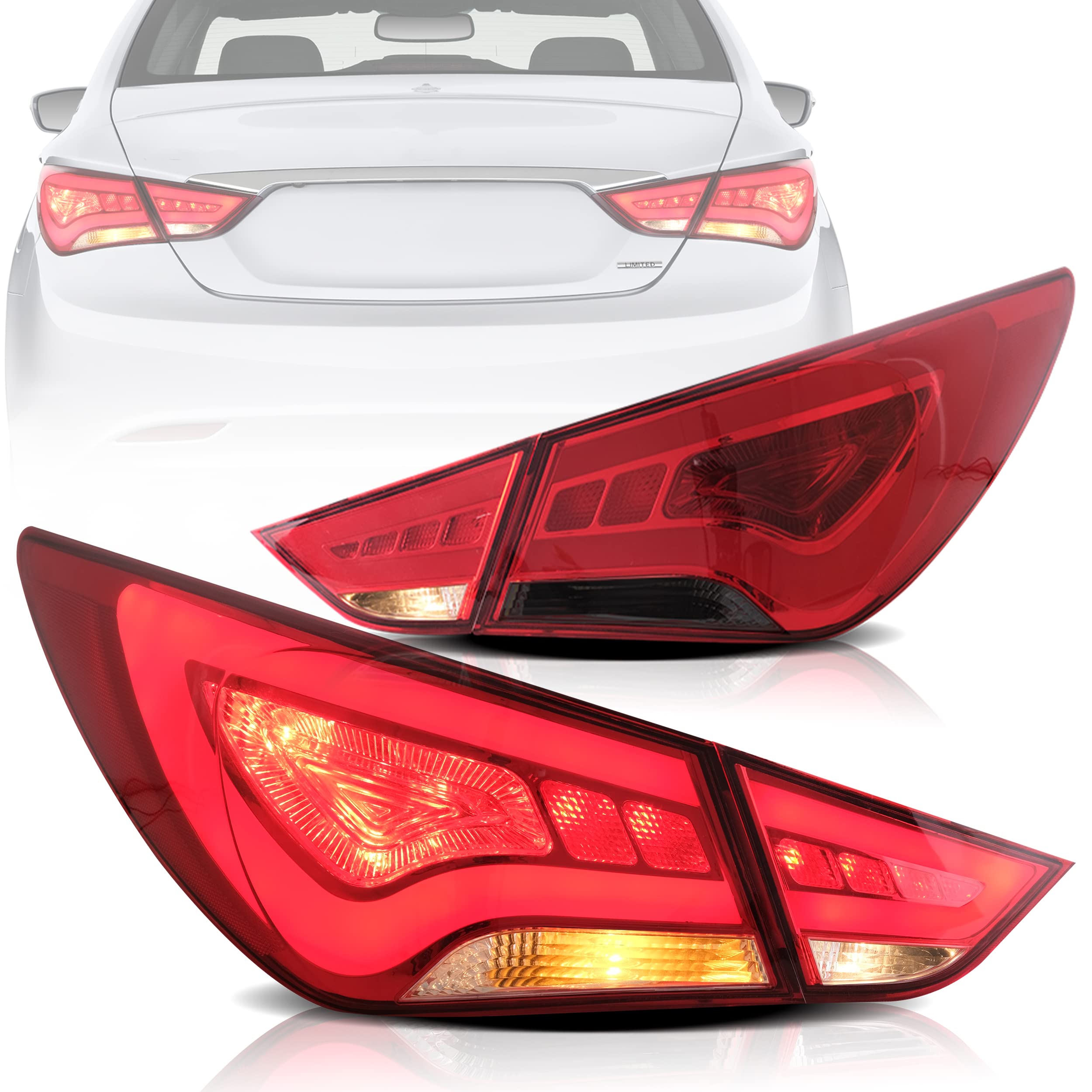VLAND Red Smoked Tail Lights Assembly for 2011-2014 Hyundai Sonata 6th Gen Sedan (US Version) - DRL, Reverse & Turn Signal Lights | Upgrade Rear Lamps for Enhanced Style & Night Visibility