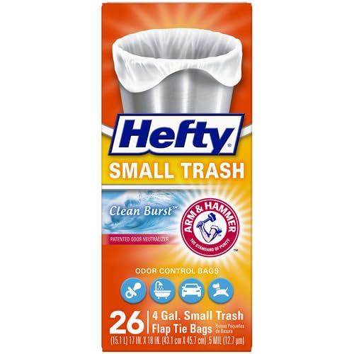 Hefty Small 4 Gallon Flap Tie Garbage Bags - 26 Count, Clean Burst Scent | Perfect for Office, Bathroom & Small Trash Cans