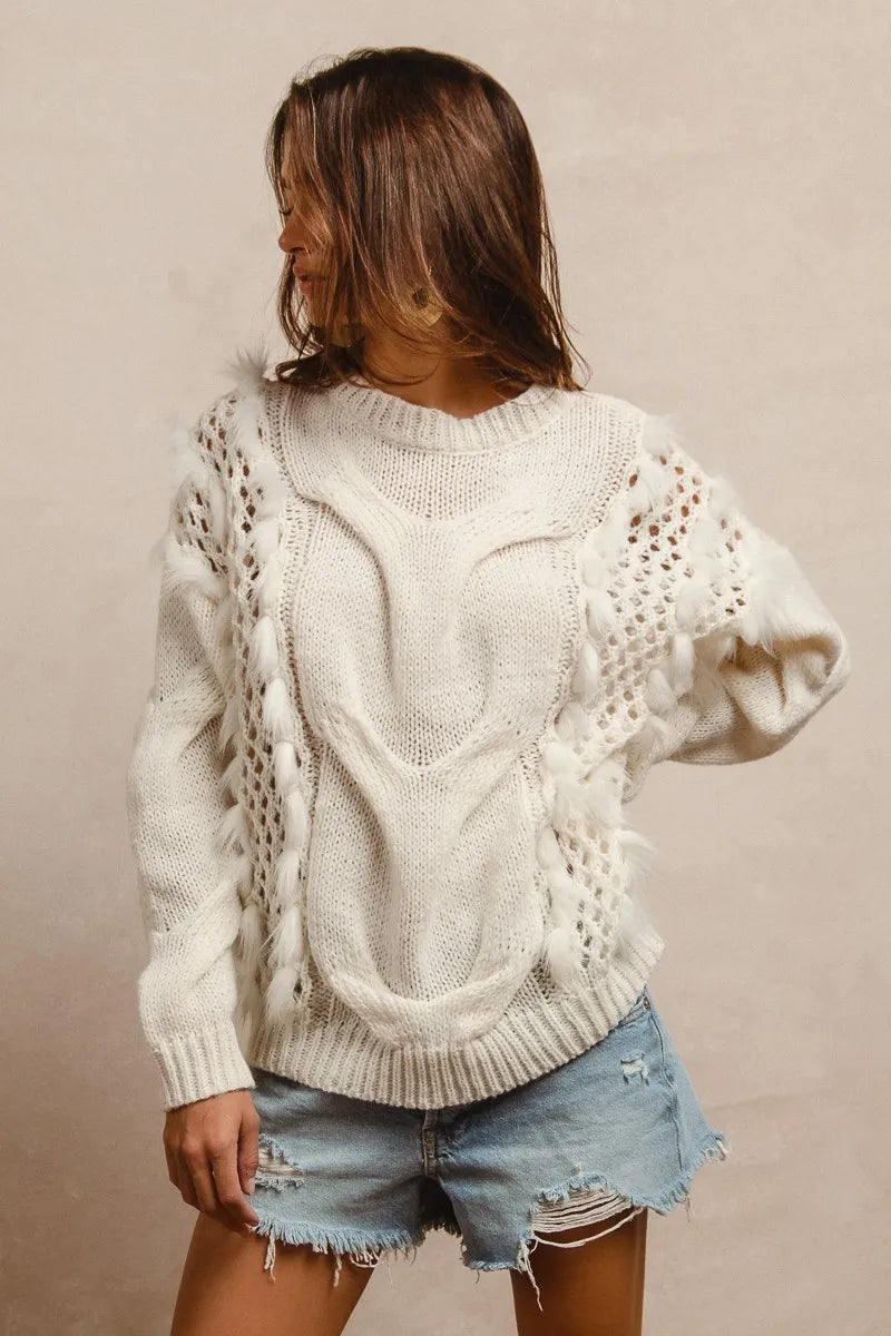 BiBi Women's Faux Fur Cable Knit Sweater - Cozy Winter Pullover for Casual Outings & Holiday Gatherings