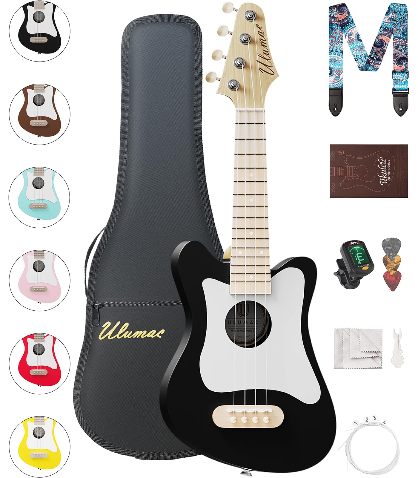 Soprano Ukulele Beginner Kit - 21.5 Inch Spruce Wood Ukelele with White Pickguard, Gig Bag, Digital Tuner, Extra Strings, 3 Picks & Strap - Perfect for Beginners, Travel & Outdoor Performances (Black, Model P005WBK)