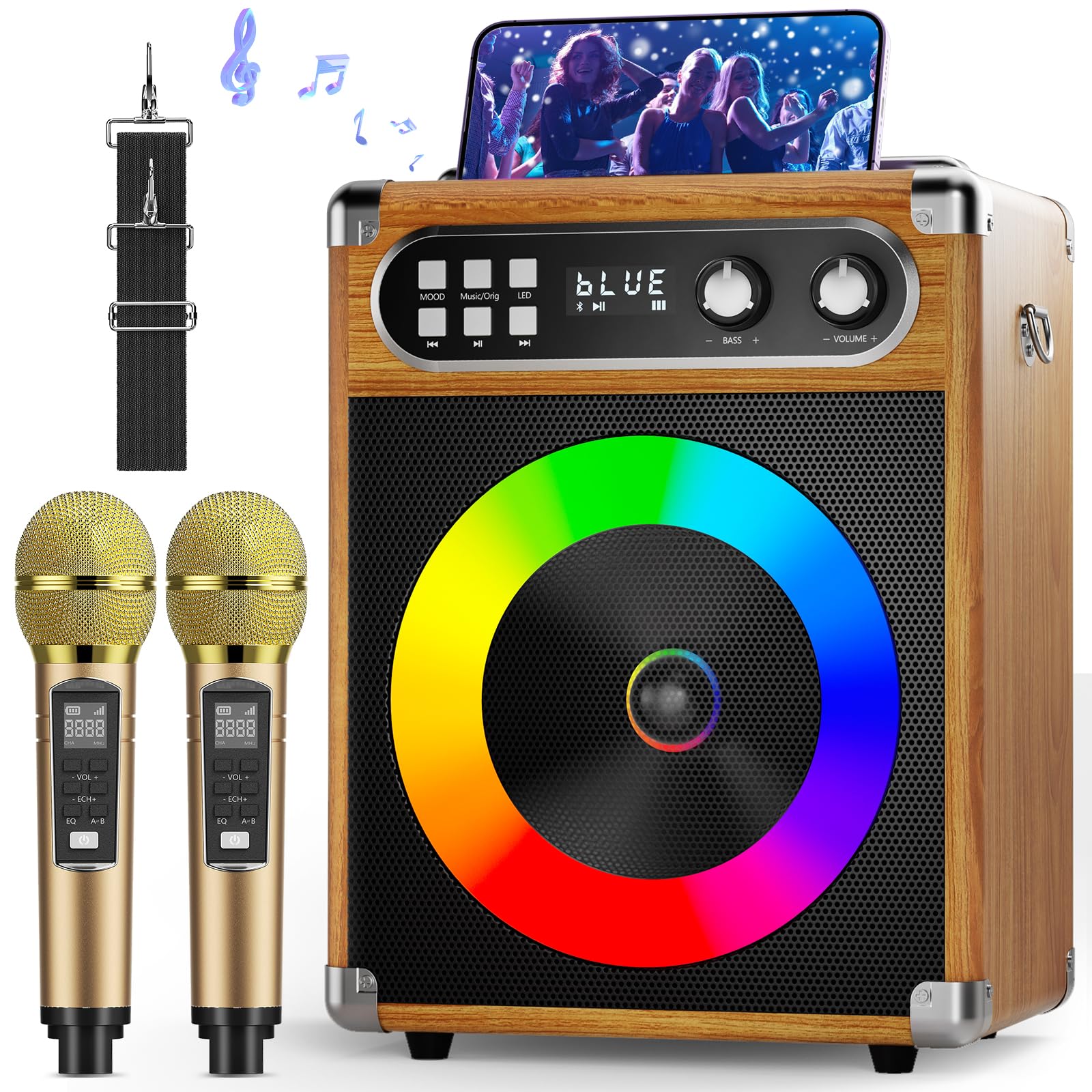 Portable Bluetooth Karaoke Machine with 2 Wireless Microphones - PA System with Bass/Echo Control, LED Lights, TF Card/USB/Aux Input for Home Parties, Indoor/Outdoor Gatherings & Birthday Celebrations (Wood-NT002)