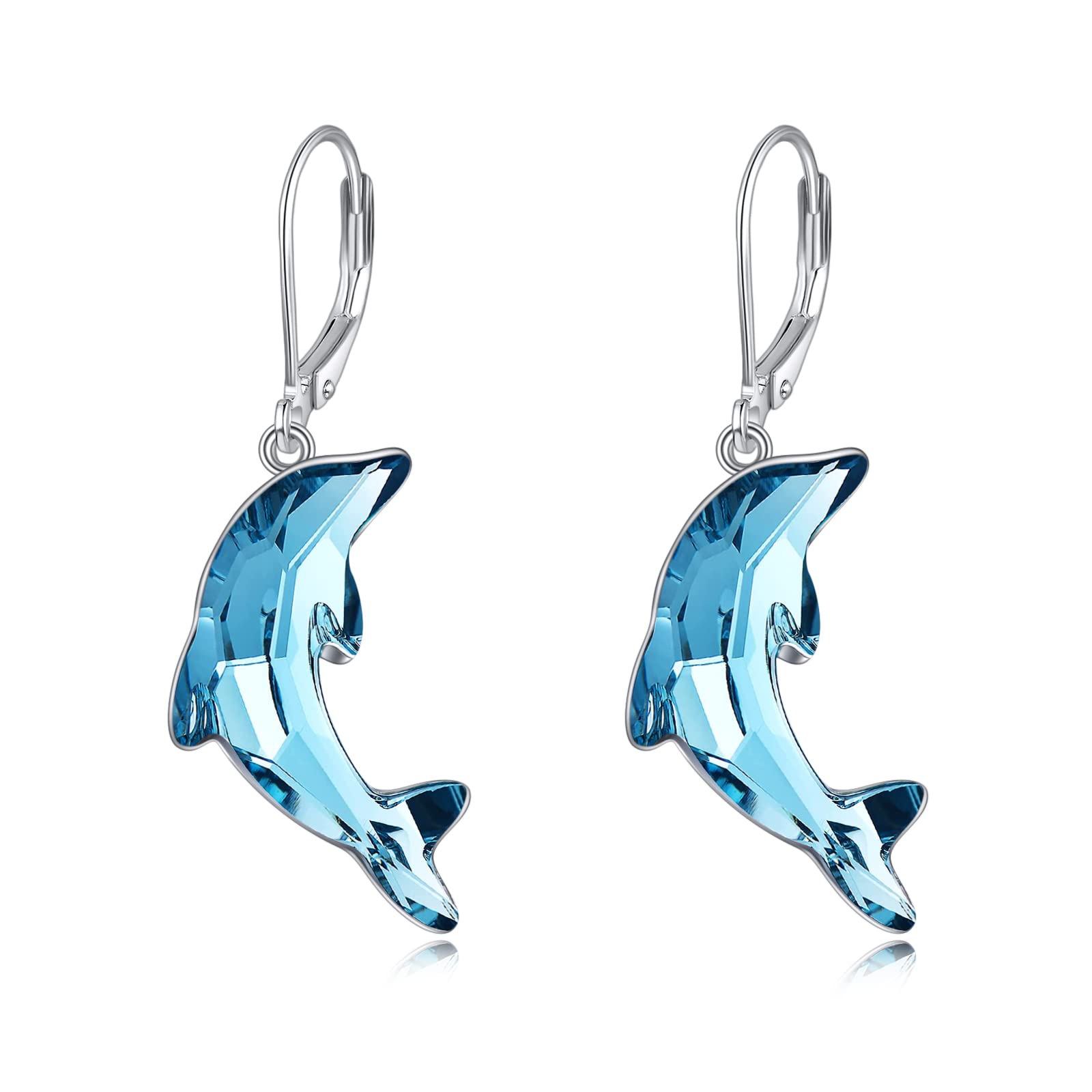 WINNICACA Sterling Silver Dolphin Crystal Leverback Earrings - Elegant Dolphin Dangle Drop Earrings for Women & Teens | Perfect Dolphin Jewelry Gift for Birthday, Ocean Lovers & Beach Vacations