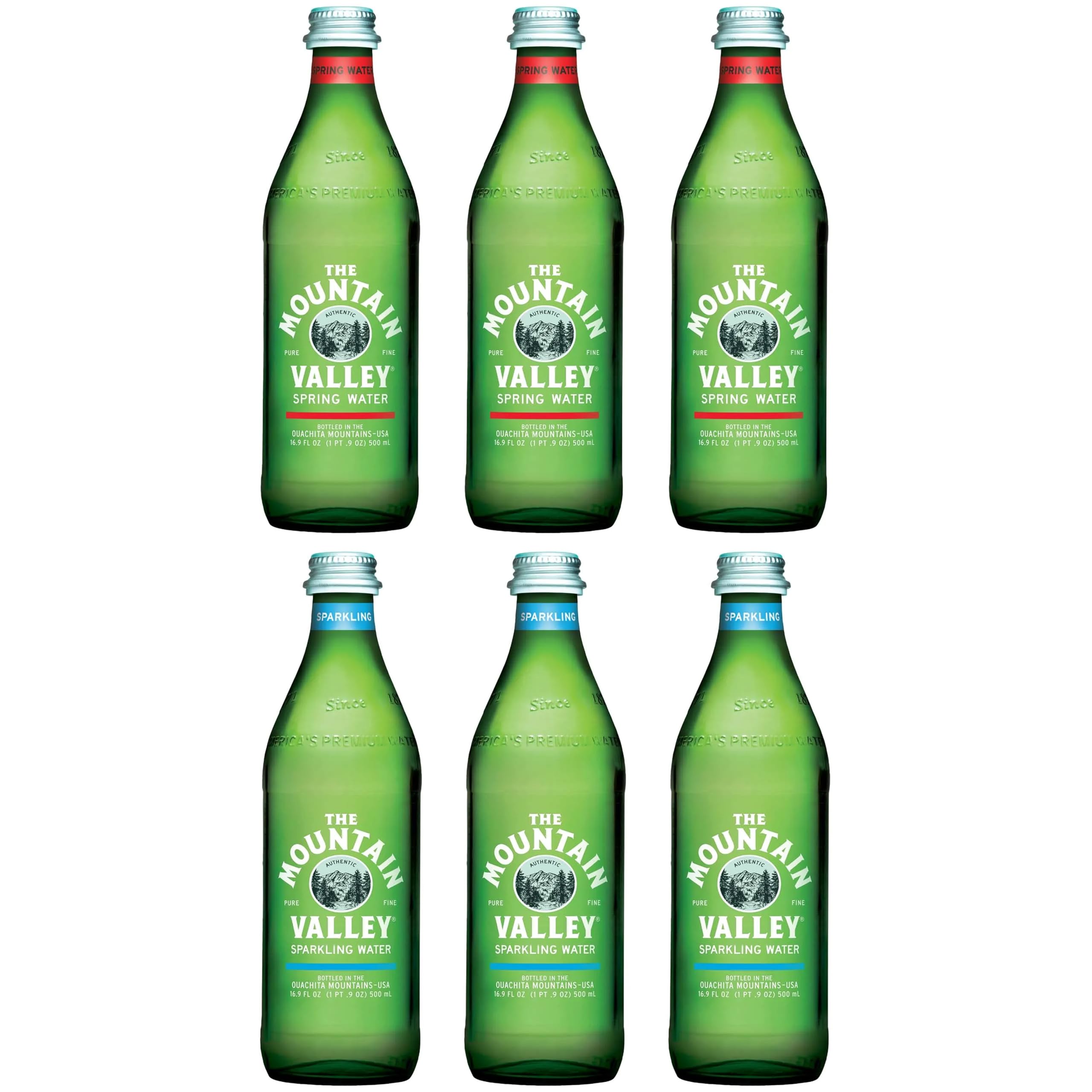 BLUE RIBBON Mountain Valley Variety Pack - 6 Glass Bottles (3 Sparkling & 3 Spring Water) 500ml | Premium Natural Mineral Water for Home, Office & Outdoor Activities