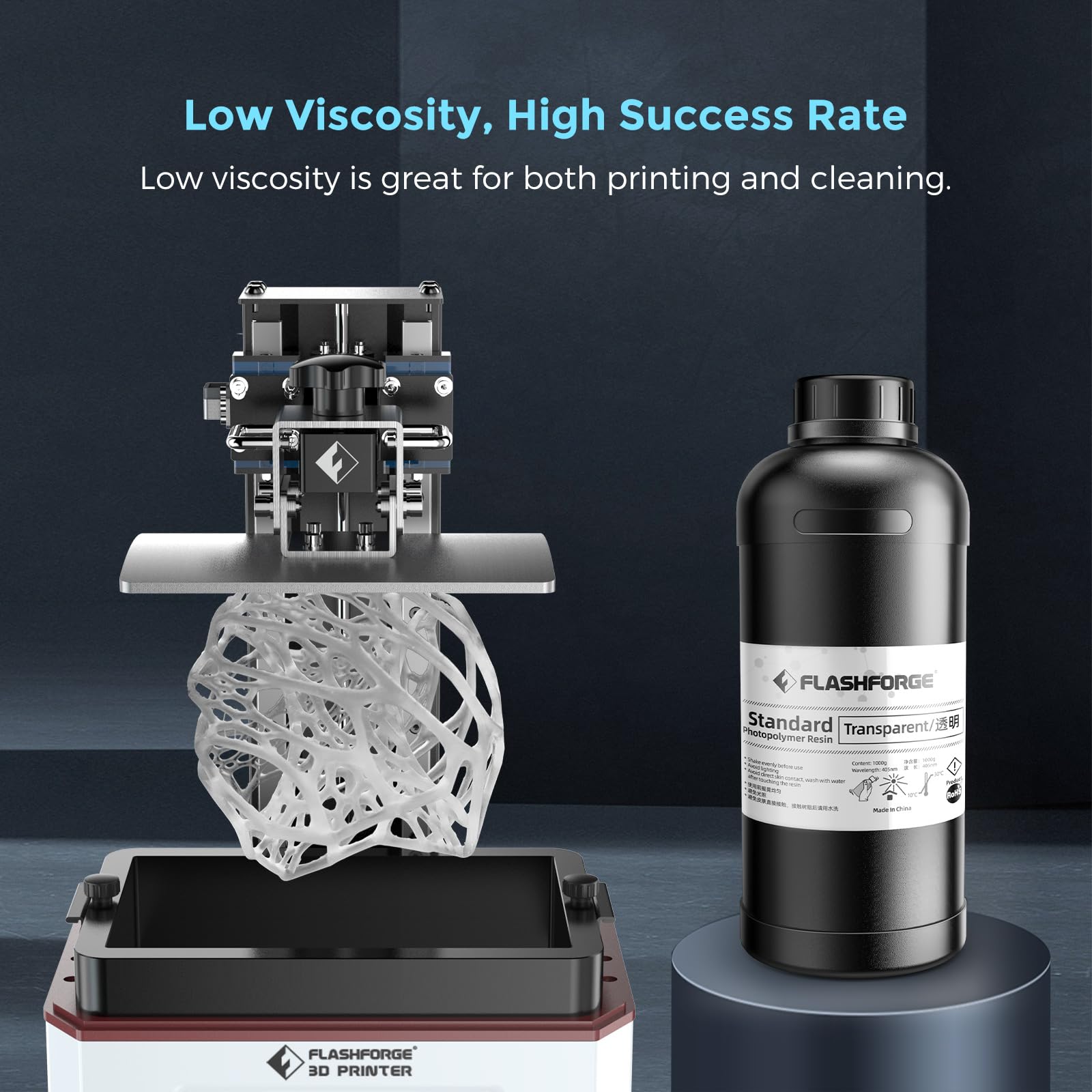 Flashforge 2kg 3D Printer Resin - High Precision Fast UV Curing 405nm Photopolymer Resin for LCD 3D Printing | Excellent Fluidity, Low Shrinkage & Odor | Transparent Resin for Miniatures, Jewelry & Prototyping