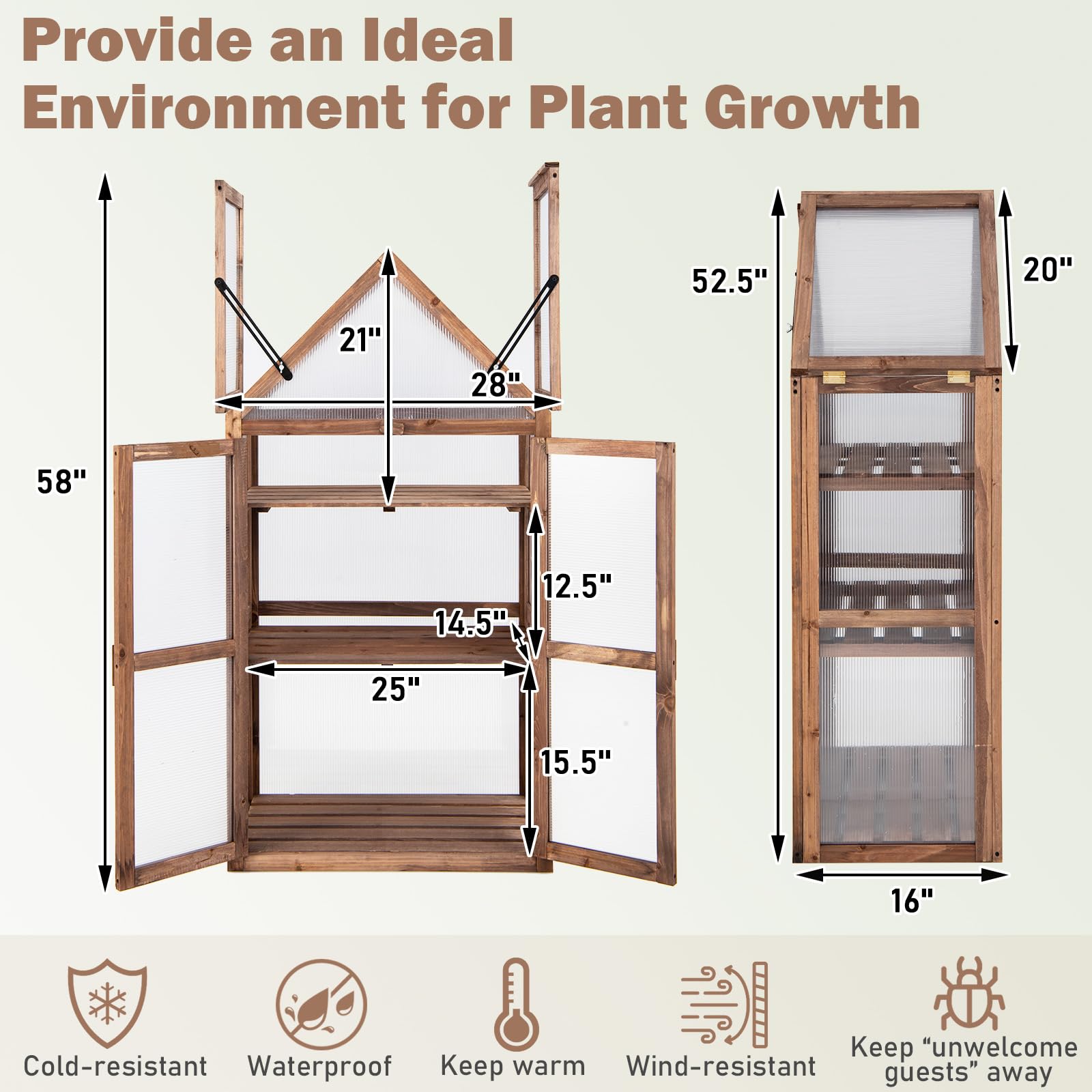 Happygrill Cold Frame - Mini Wooden Greenhouse with Transparent Openable Roof, Raised Flower Planter Shelf & 3 Adjustable Shelves, Polycarbonate Panels - Indoor/Outdoor Small Wood Greenhouse Cabinet for Gardening, Seed Starting & Plant Protection