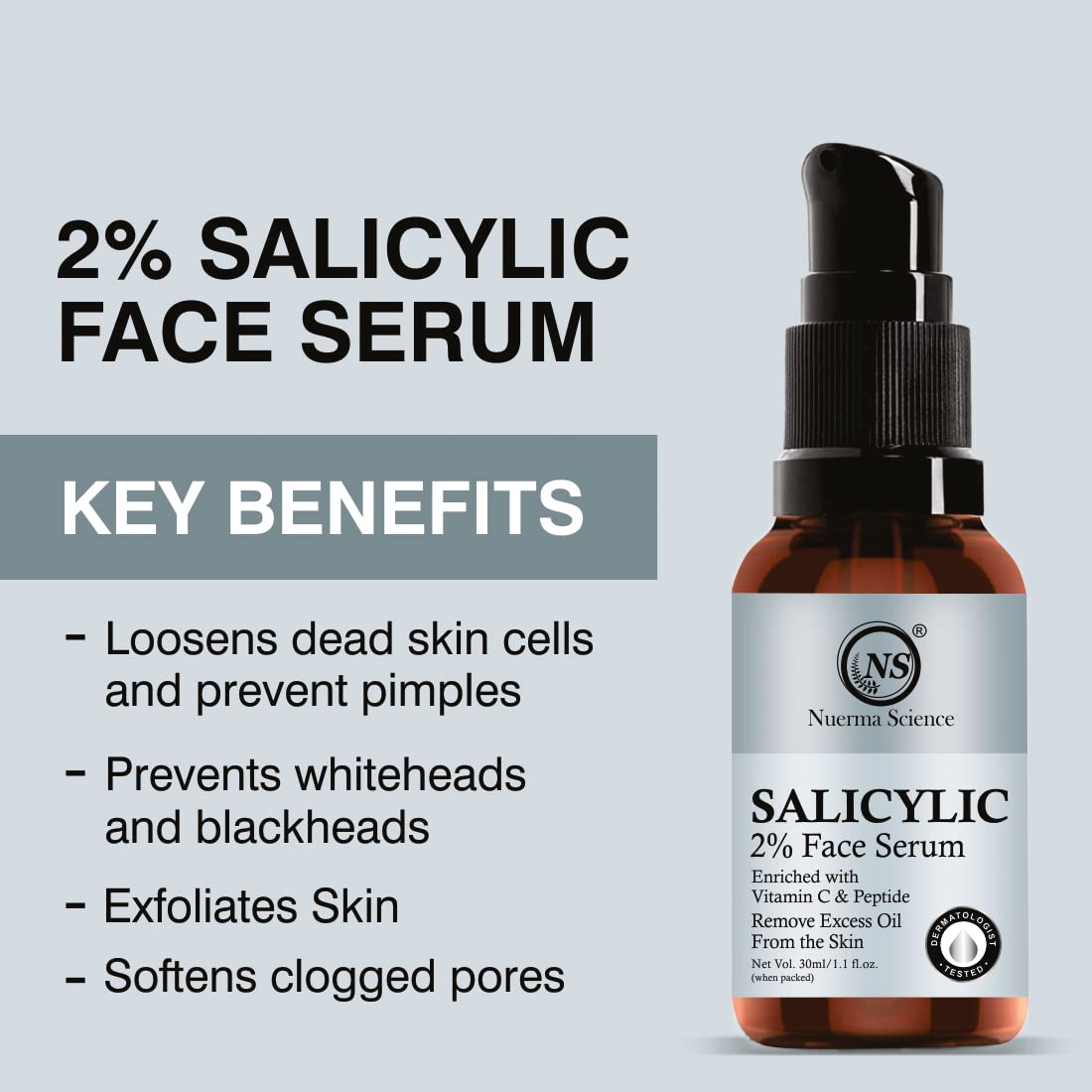 Nuerma Science 2% Salicylic Acid Face Serum - BHA Exfoliator for Oily & Acne-Prone Skin - Reduces Excess Oil, Blackheads, Whiteheads & Pores - 30ml - Perfect for Daily Skincare Routine & Blemish Control