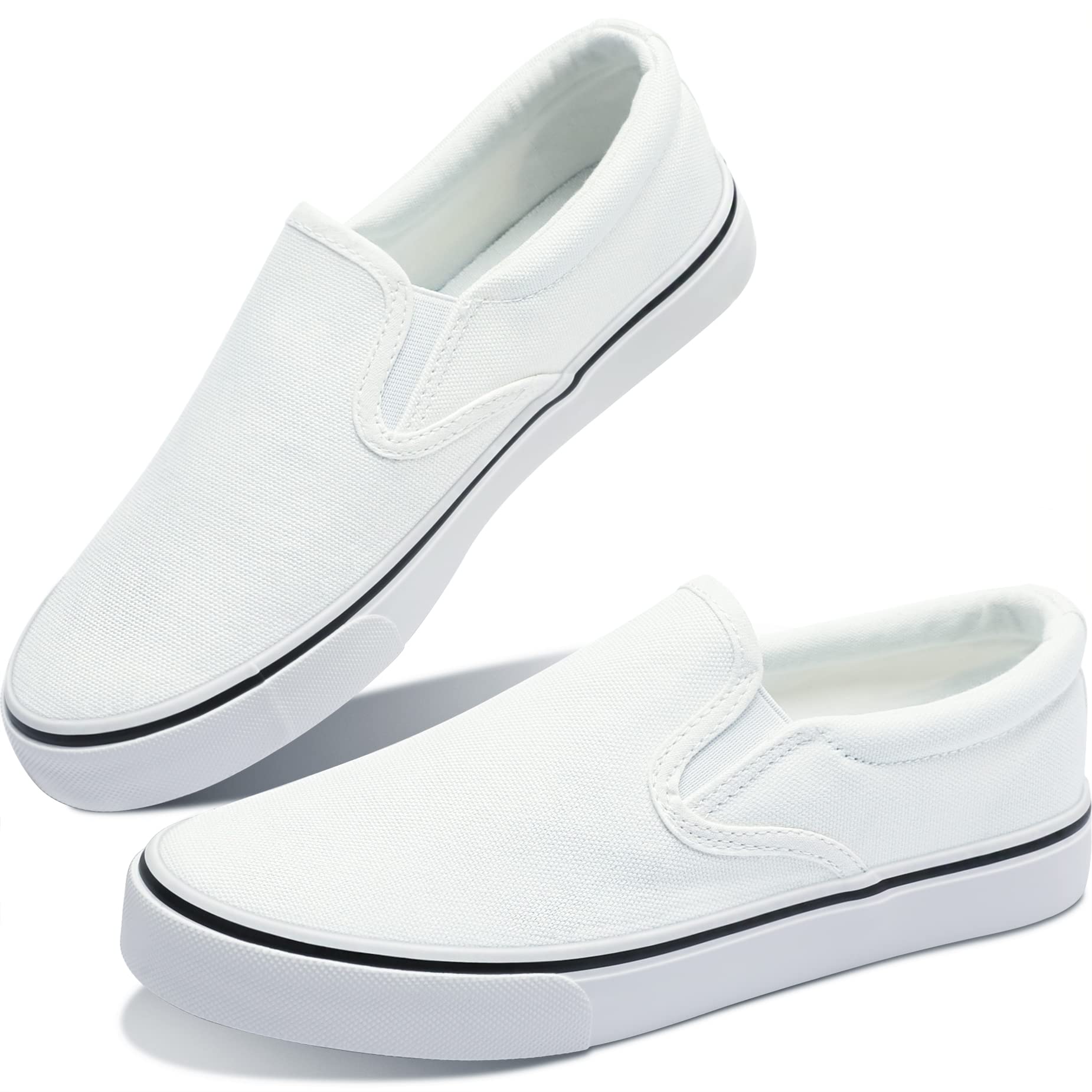 Obtaom Women's White Sneakers & Black Slip-On Shoes - Low Top Canvas Loafers for Casual Wear, Walking, and Everyday Comfort