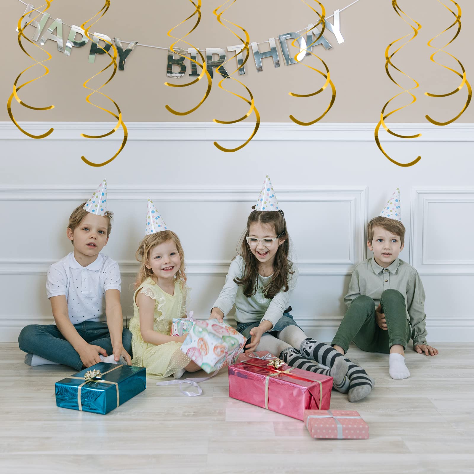 30 Pack Gold Plastic Hanging Swirl Decorations - Spiral Streamers for Ceiling, Wedding, Baby Shower & Birthday Party Supplies | Perfect for Indoor Events, Home Decor and Festive Celebrations