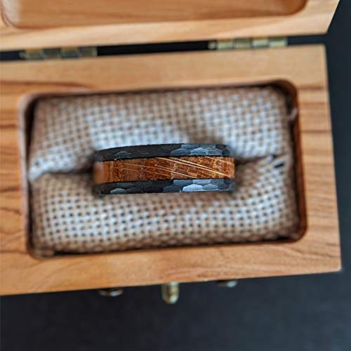 8mm Black Tungsten Whiskey Barrel Ring for Men - Hammered Wedding Band with Bourbon Wood Inlay, Comfort Fit Rustic Anniversary Gift - Perfect for Weddings, Engagements & Bourbon Lovers