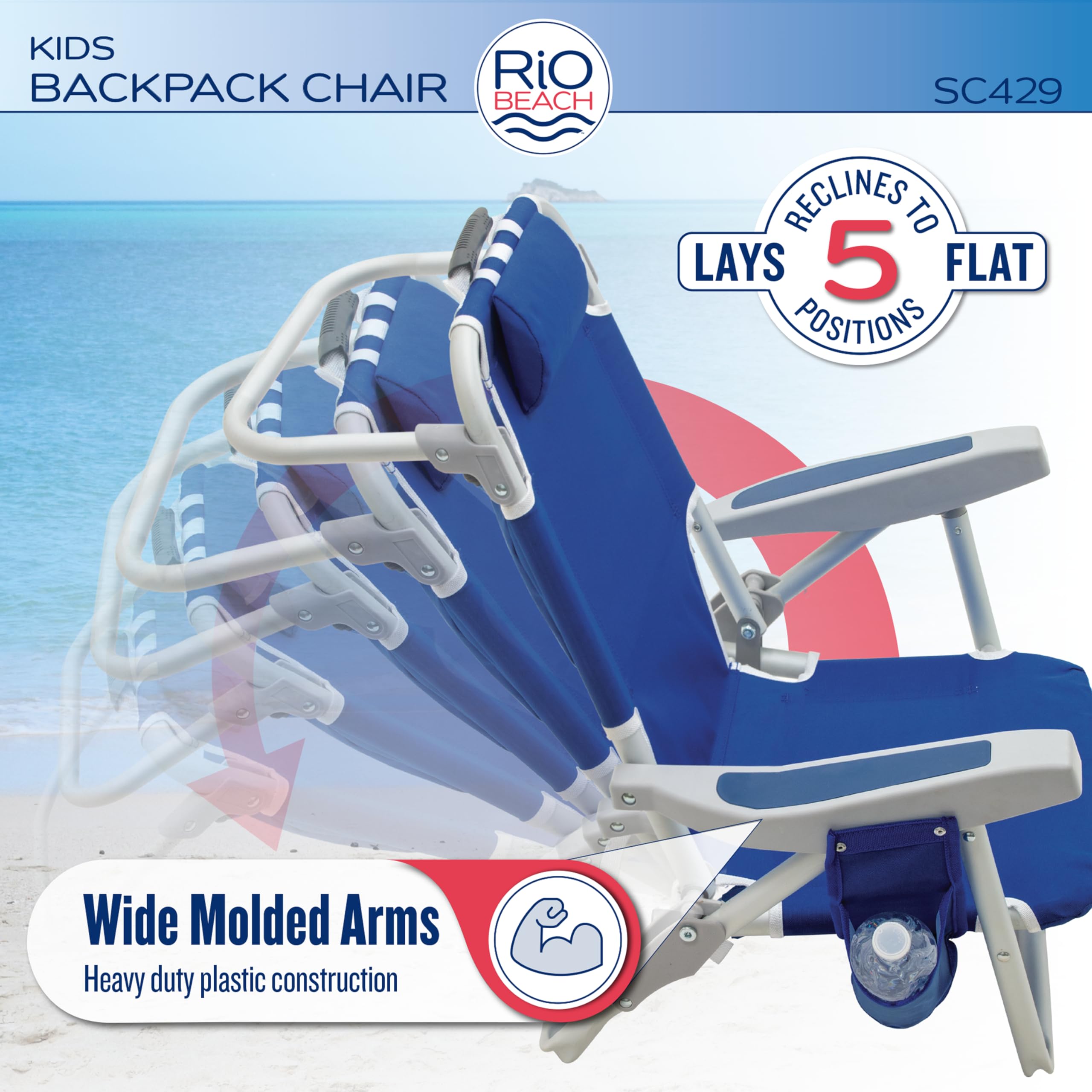 Rio Beach Kid's 5-Position Lay Flat Backpack Folding Beach Chair - Lightweight Portable Surf Chair for Kids, Perfect for Beach, Pool, Park & Outdoor Adventures