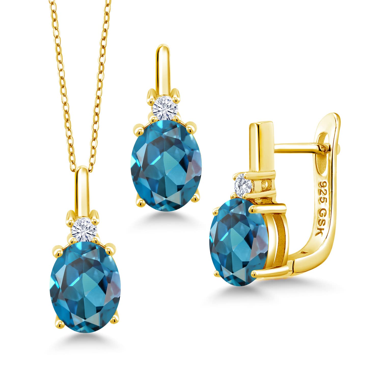 6.95 Ct London Blue Topaz & E-F Lab Grown Diamond 18K Gold Plated Pendant Earrings Set | Gem Stone King | Elegant Jewelry Gift for Women, Birthday, Anniversary & Special Occasions