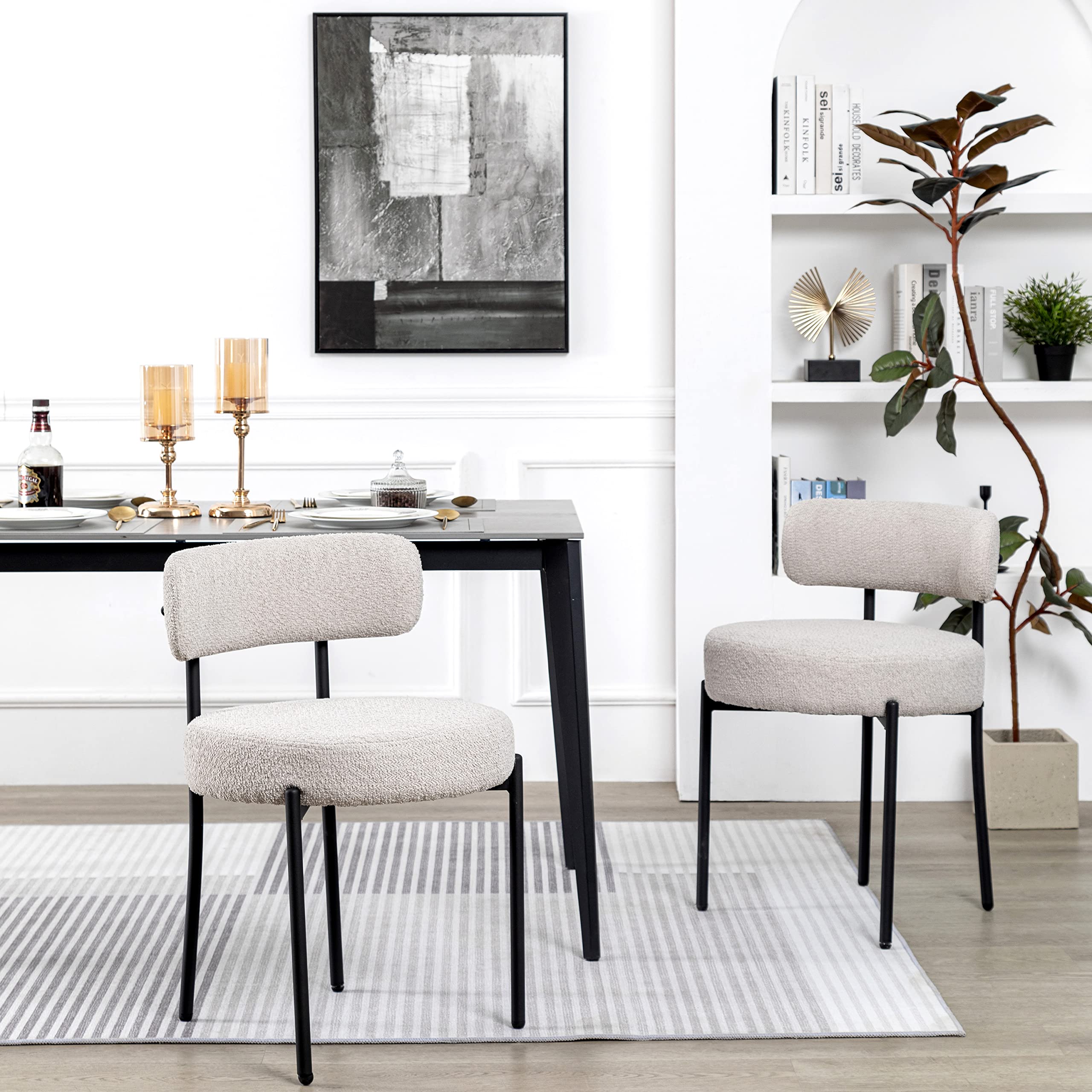 DYHOME Light Grey Dining Chairs Set of 2 - Modern Mid-Century Upholstered Kitchen Chairs with Boucle Sherpa Fabric & Black Metal Legs - Perfect for Dining Room, Kitchen, Breakfast Nook & Small Spaces