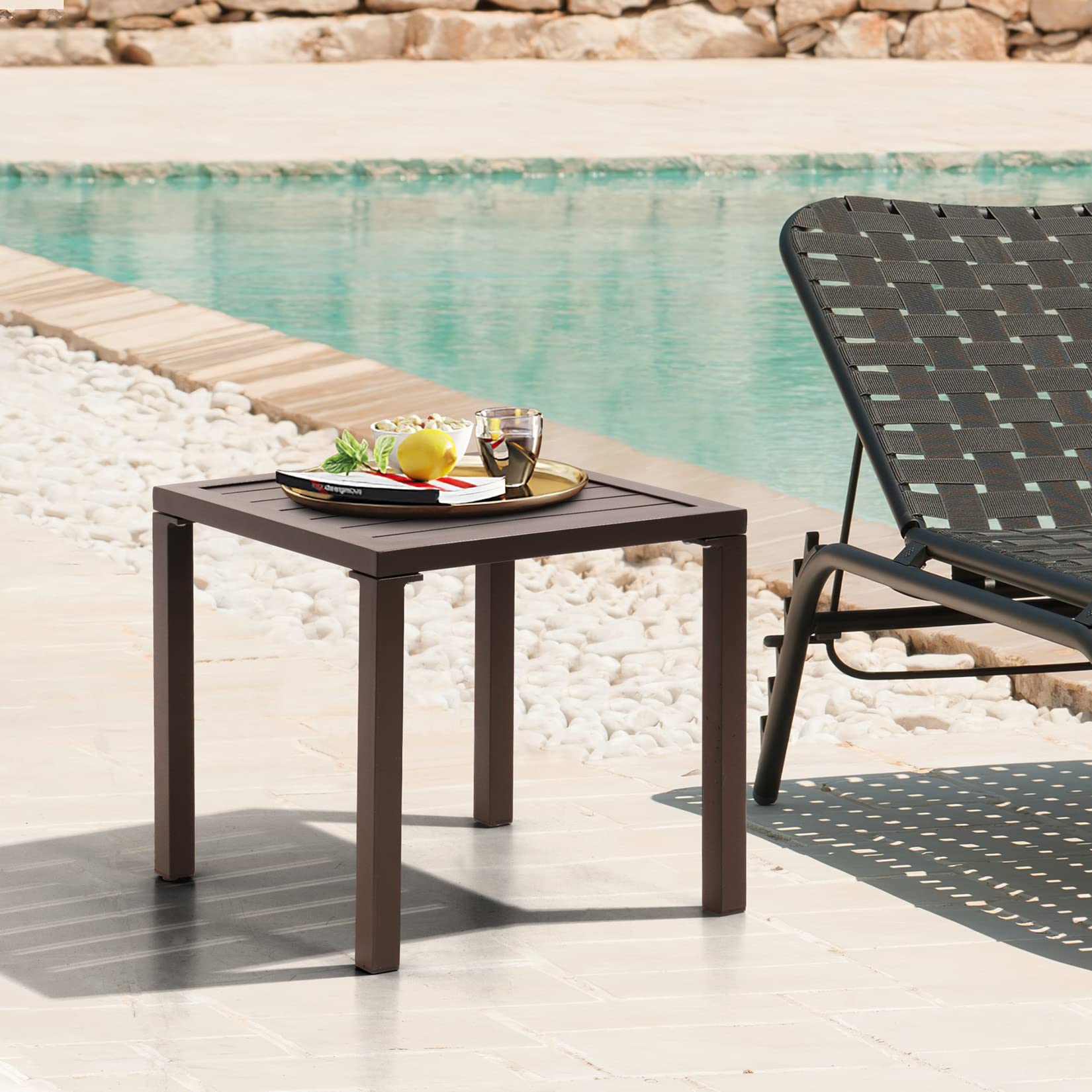 Pellebant Small Aluminum Square Side Table - Indoor/Outdoor Patio Coffee Bistro Table for Living Room, Garden, Poolside & Balcony - Brown End Table with Chaise Lounge Compatibility