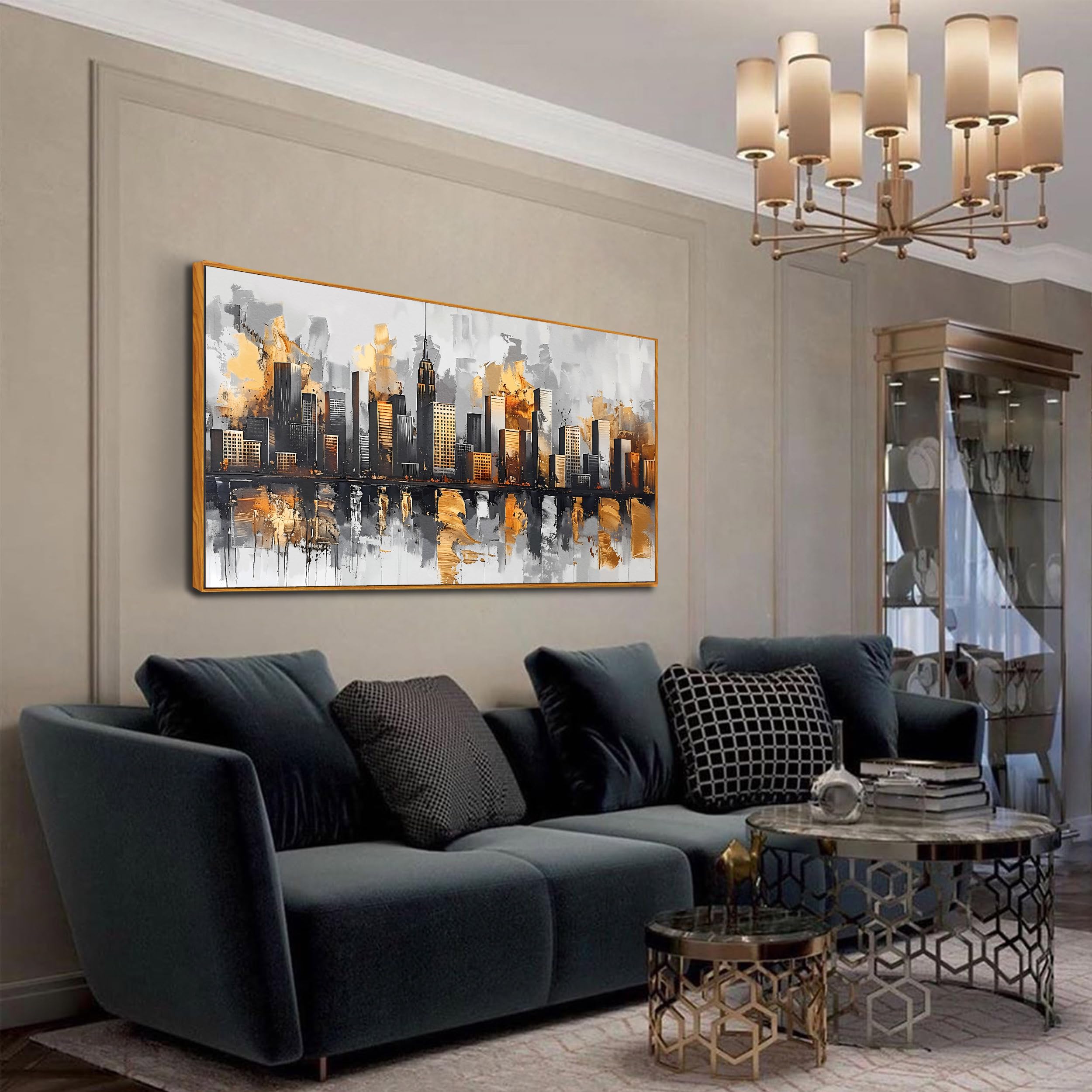 Ouzzlie White Canvas Wall Art 29x59 Inches - Vintage Cityscape Painting with Gold Accents for Home, Gallery & Hotel Decor | Perfect for Living Room, Bedroom & Office