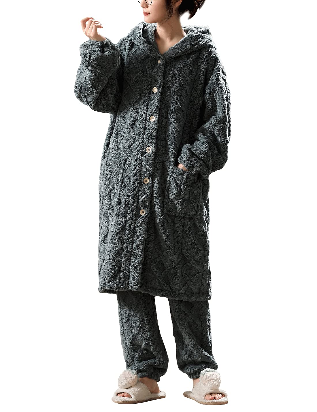 Cozy Winter Fleece Pajama Set for Women - 2 Piece Sherpa Lined Hooded Lounge Wear | Warm Sleepwear & Home Outfit for Cold Nights, Winter Relaxation & Holiday Comfort