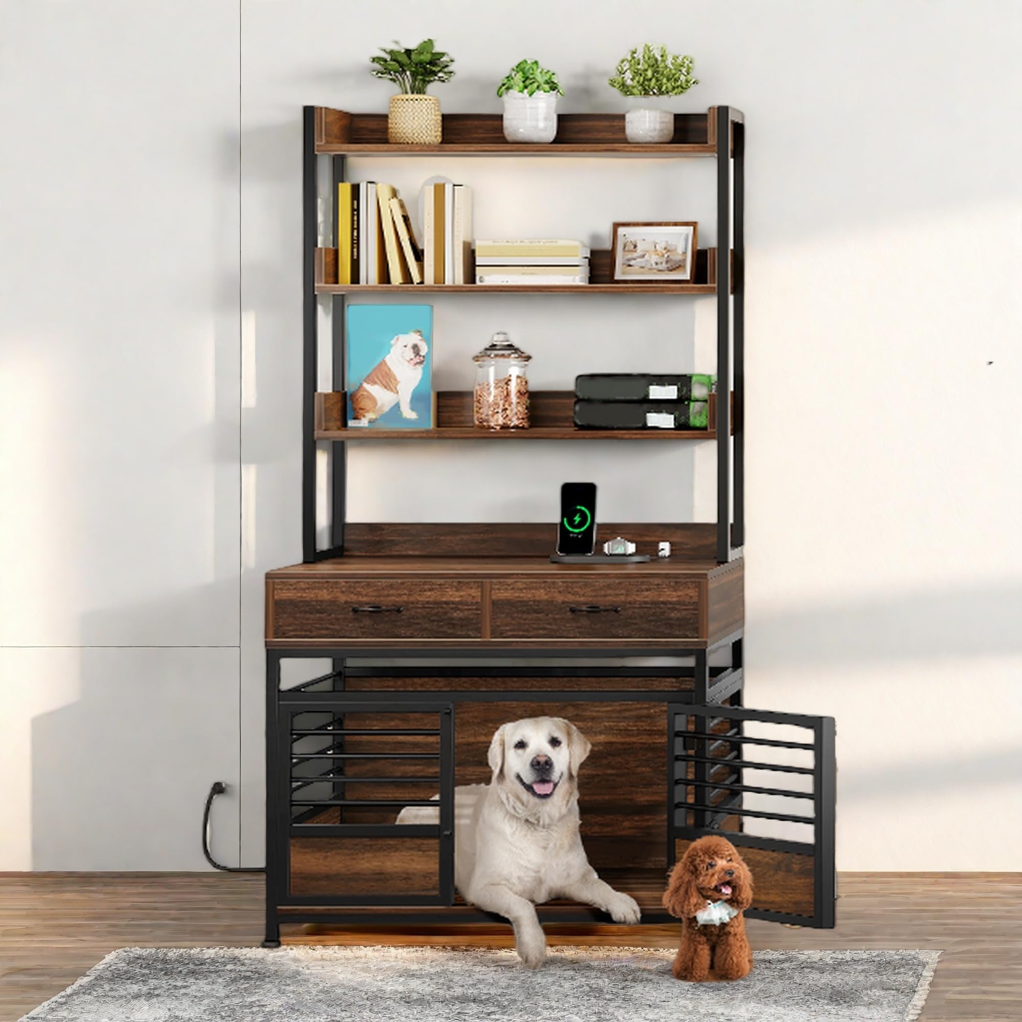 YITAHOME 39 Inch Wooden Dog Crate Furniture with Storage Shelves & Power Outlets - Large Dog Kennel Indoor with Double Doors & Drawers - Rustic Brown Farmhouse Style Pet Cage for Living Room, Bedroom & Home Decor