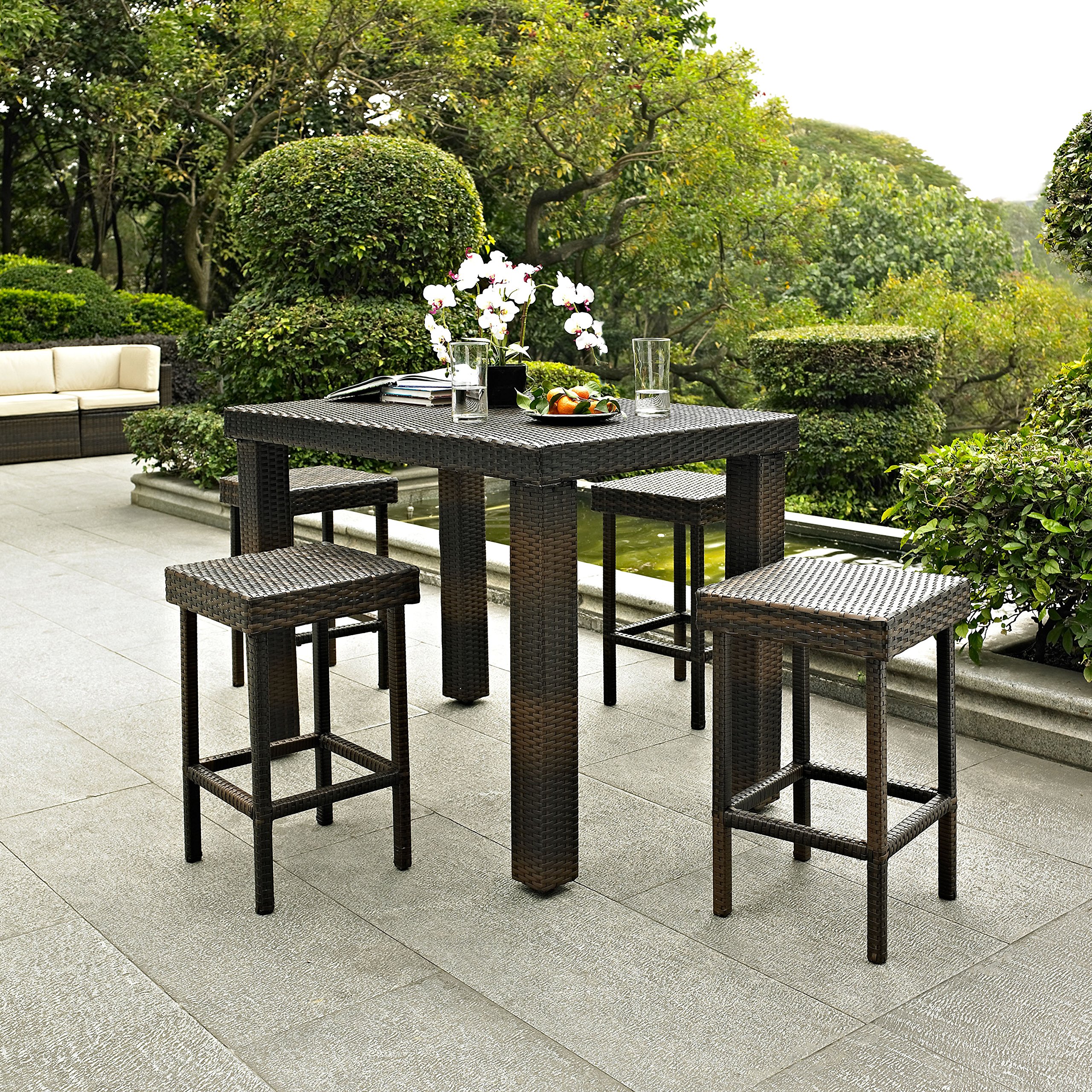 Crosley Furniture Palm Harbor 5-Piece Outdoor Dining Set for 4 - Counter Height Wicker Patio Table & Stools in Brown | Perfect for Backyard, Garden & Poolside Dining