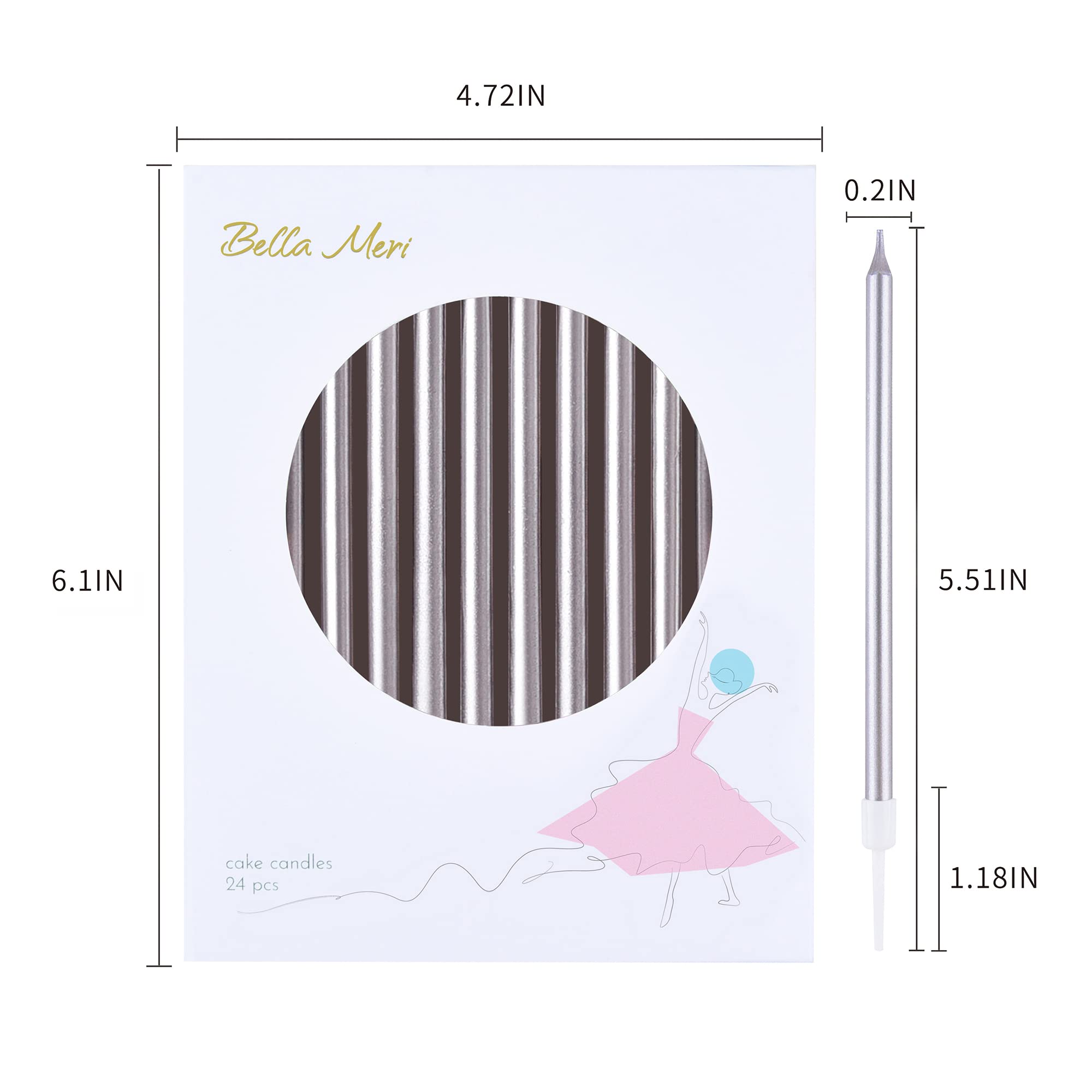 Bella Meri Silver Long Thin Metallic Birthday Candles - Elegant Cake Candles for Birthday Parties, Wedding Decorations & Special Events | Perfect for Cakes, Cupcakes & Dessert Tables