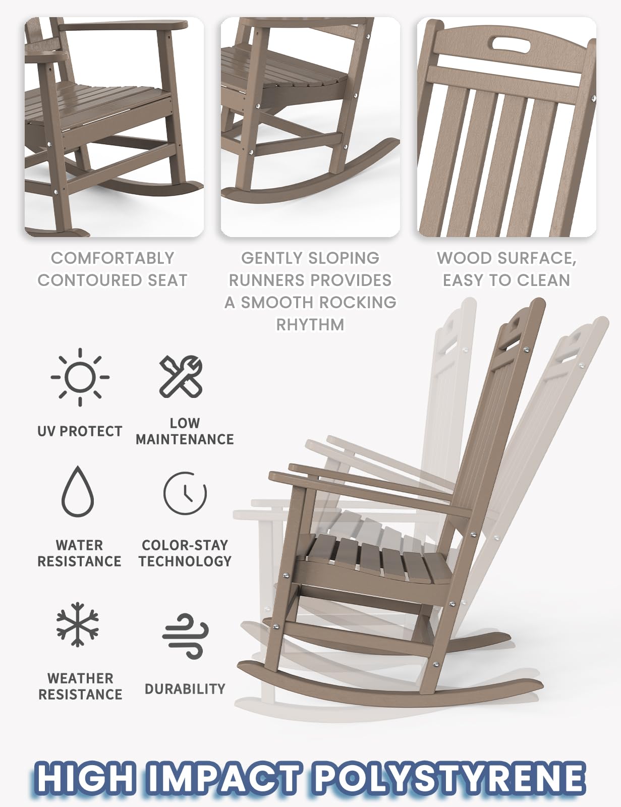 Outdoor Rocking Chair - High Back HDPE All-Weather Patio Rocker for Deck, Porch, Backyard, Garden & Indoor Use - Durable Weathered Wood Look - Perfect for Relaxing in Sunroom, Poolside or Front Porch