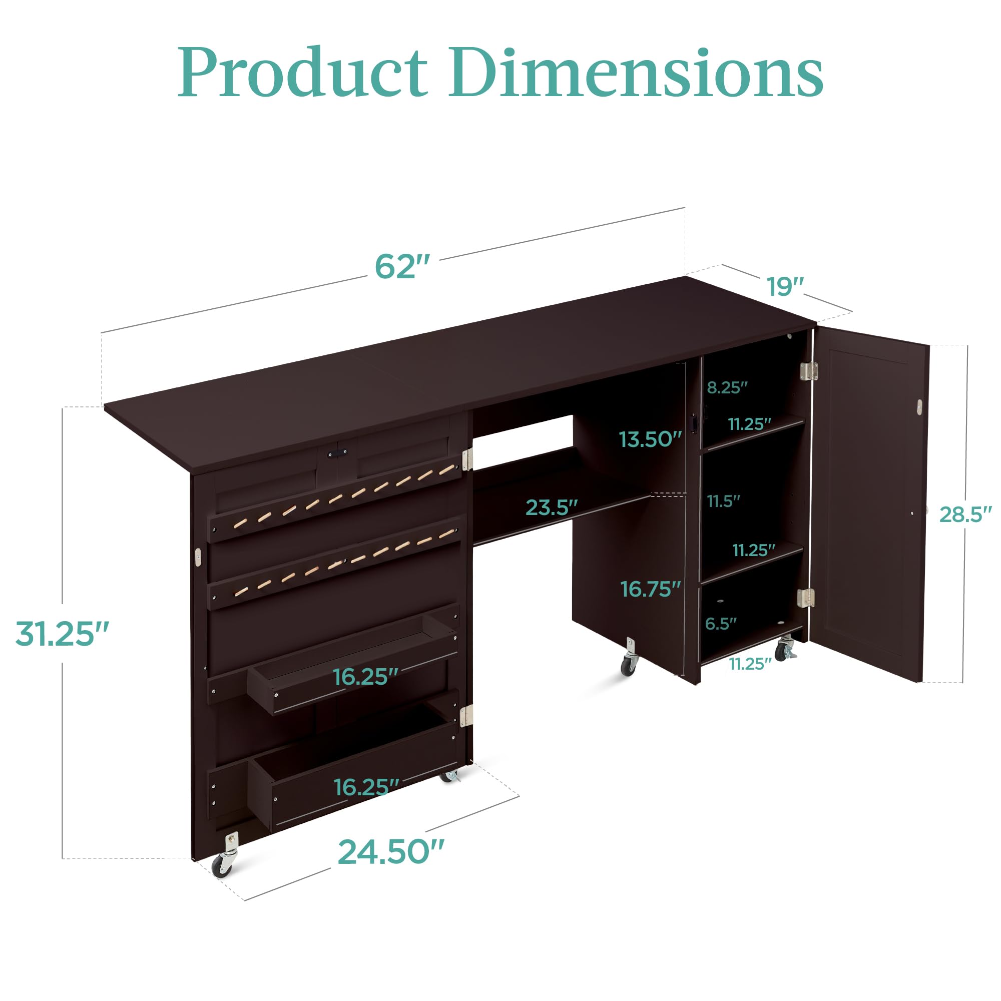 Best Choice Products Large Folding Sewing Table - Portable Craft Station with Storage Shelves, 2 Trays & Magnetic Doors - Compact Side Desk with Wheels for Quilting, Sewing & DIY Projects - Brown