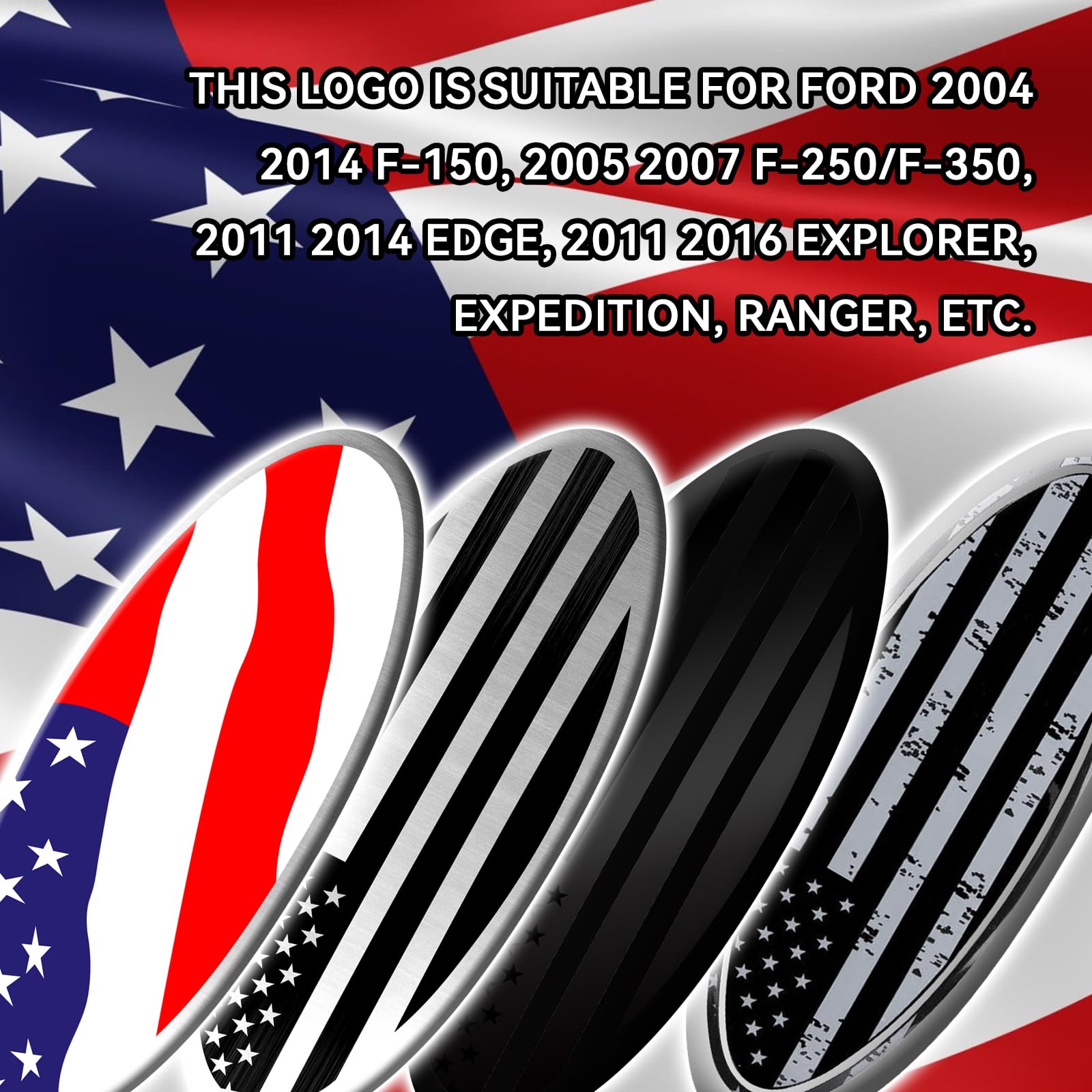 Ford F150 F250 F350 Black American Flag 9-Inch Front Grill & Tailgate Emblem - Aluminum Oval Overlay Decal Badge for Ford Trucks - Perfect for Off-Roading, Truck Shows & Patriotic Display