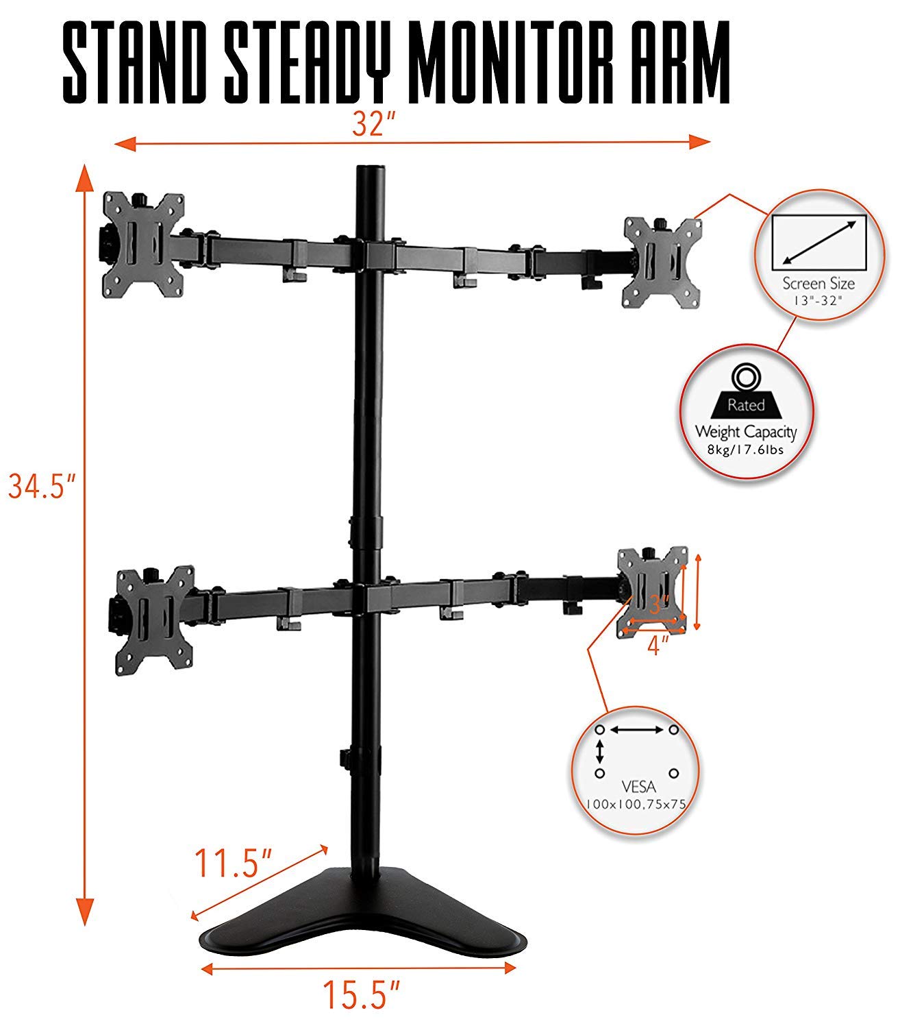4-Monitor Stand with Adjustable Height & Stable Base - for 17-32