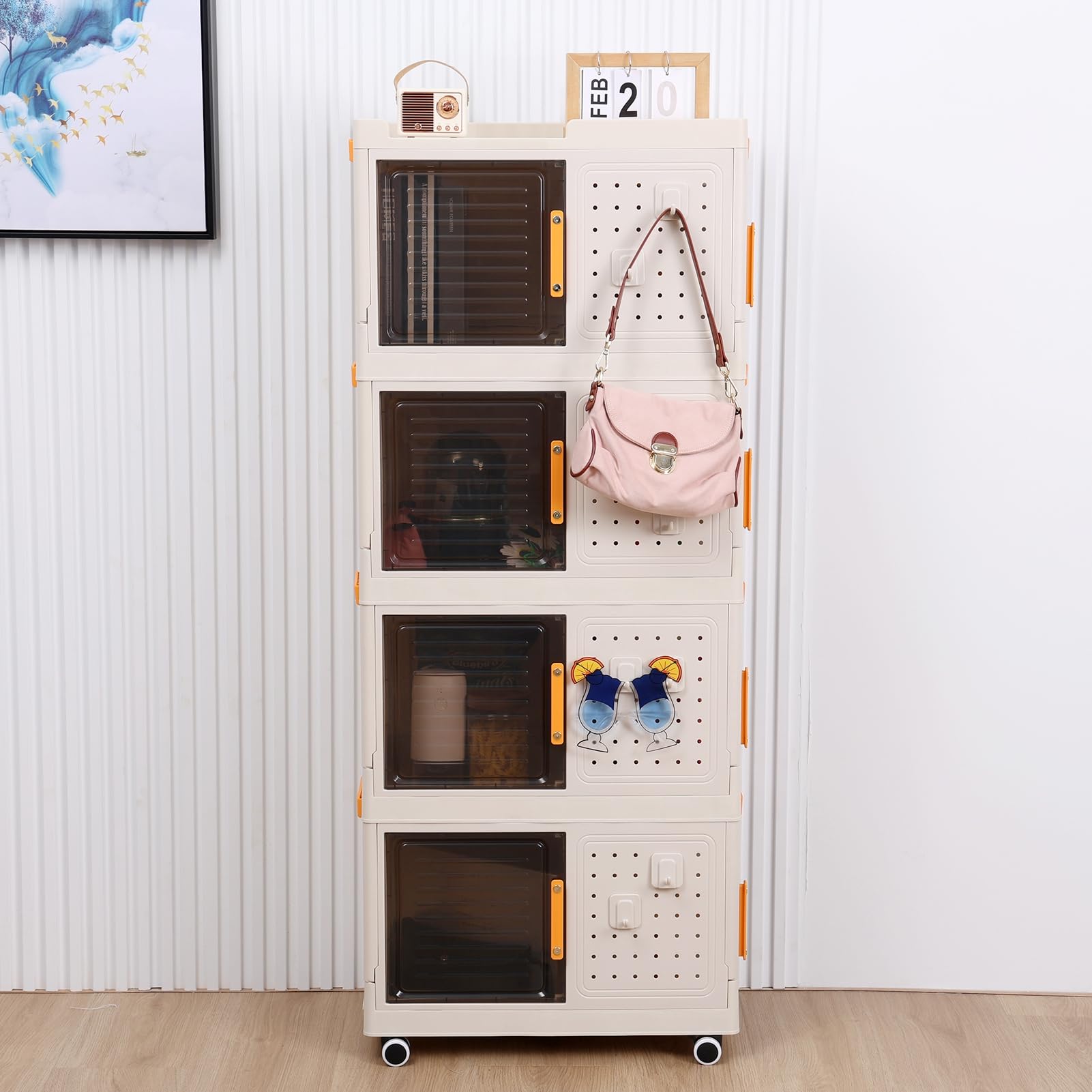 Foldable Storage Bins with Lids - 4-Layer Stackable Collapsible Organizer Box, Wheeled Storage Cabinet & Clear Plastic Closet Organizer for Bedroom, Living Room, Office, Dorm - Perfect for Clothes, Toys, Books & Home Organization