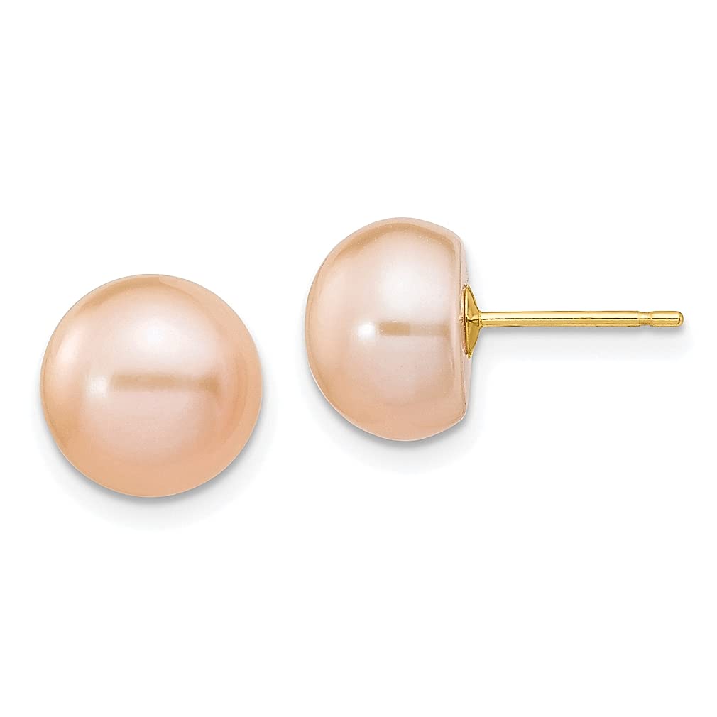 14K Yellow Gold 10mm Pink Button Freshwater Pearl Stud Earrings for Women - Elegant Fine Jewelry Gift for Her, Perfect for Weddings, Anniversaries & Special Occasions