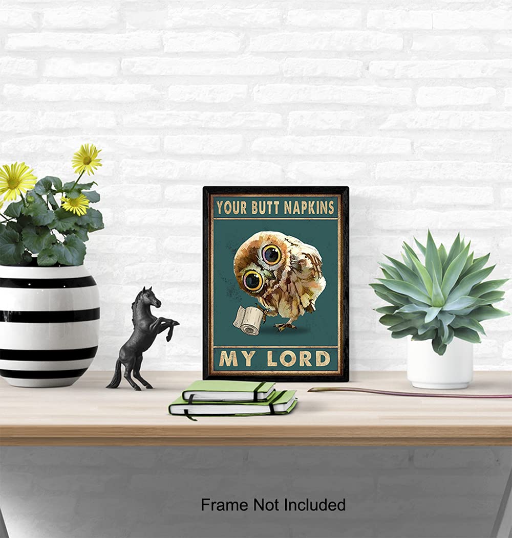 Funny Owl Wall Decor & Butt Napkins - Unique Bathroom Wall Art for Powder Room & Guest Bath - Cute Restroom Sign & Decor for Women - Perfect for Home, Office, or Gift