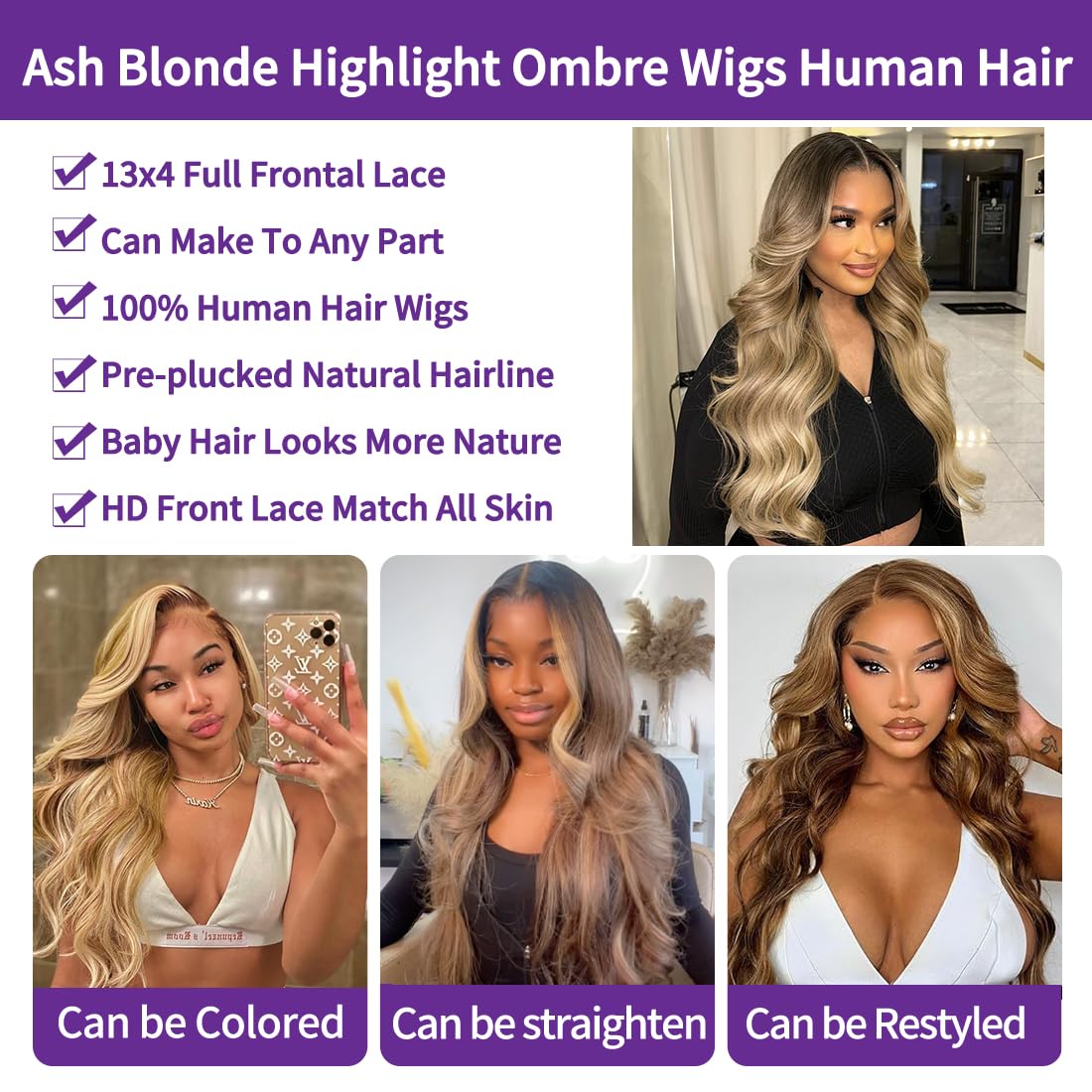 13x4 HD Ombre Ash Blonde Human Hair Lace Front Wig - 180% Density Body Wave Pre-Plucked Glueless Lace Frontal Wig for Women (26 Inch) | Perfect for Daily Wear, Cosplay & Special Occasions