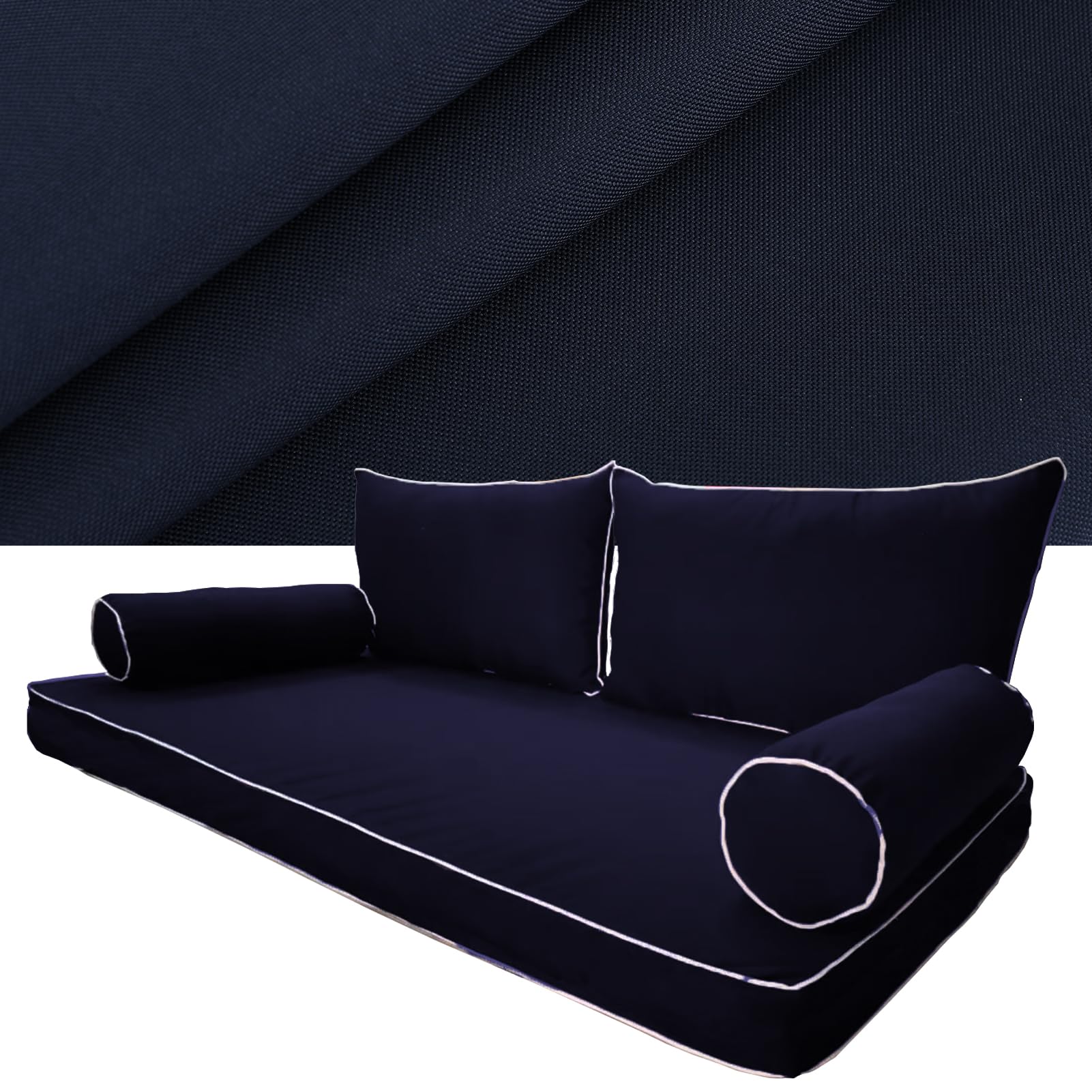 Water-Resistant Outdoor Daybed Cushion Cover Set - Twin Triple Size with Piped Edges, Swing Mattress Bolster Pillow & Fitted Sheet - Navy Blue | Perfect for Patio, Poolside & Garden Furniture