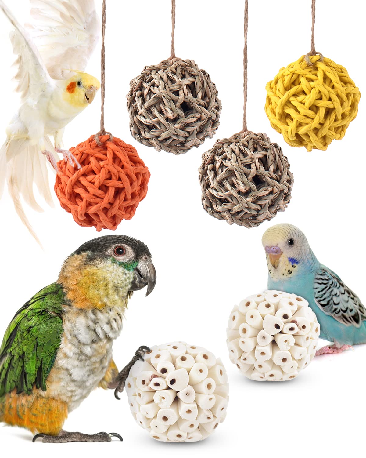 6PCS Small Parrot Chew Toys - Colorful Sola Balls Bird Foraging Toys for Cockatiels, Conures, Cockatoos, Parakeets & Lovebirds | Cage Biting & Chewing Enrichment | Perfect for Mental Stimulation & Beak Exercise
