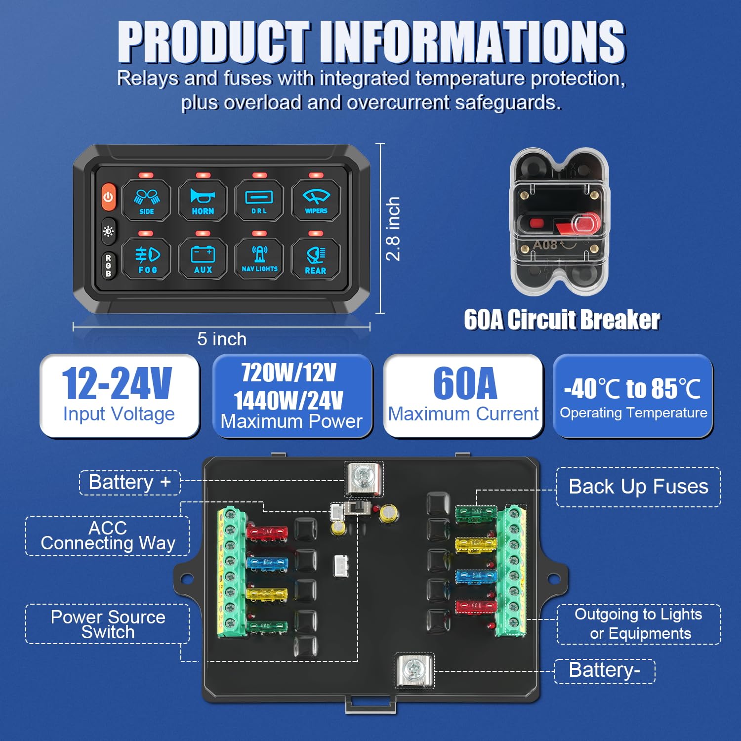 8 Gang Switch Panel with RGB LED & 5-Level Brightness Control - Universal Automotive Relay System for RV, Truck, ATV, UTV, Boat, Marine, SUV - Perfect for Interior Lighting & Accessory Control