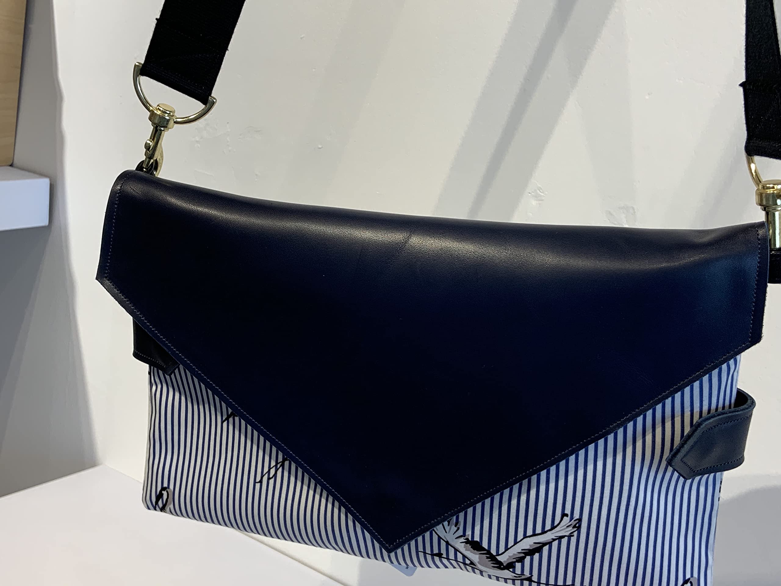 Sasha Crossbody Bag - Blue & White Striped Canvas with Navy Leather Strap - Stylish & Lightweight for Everyday Use, Travel, and Work
