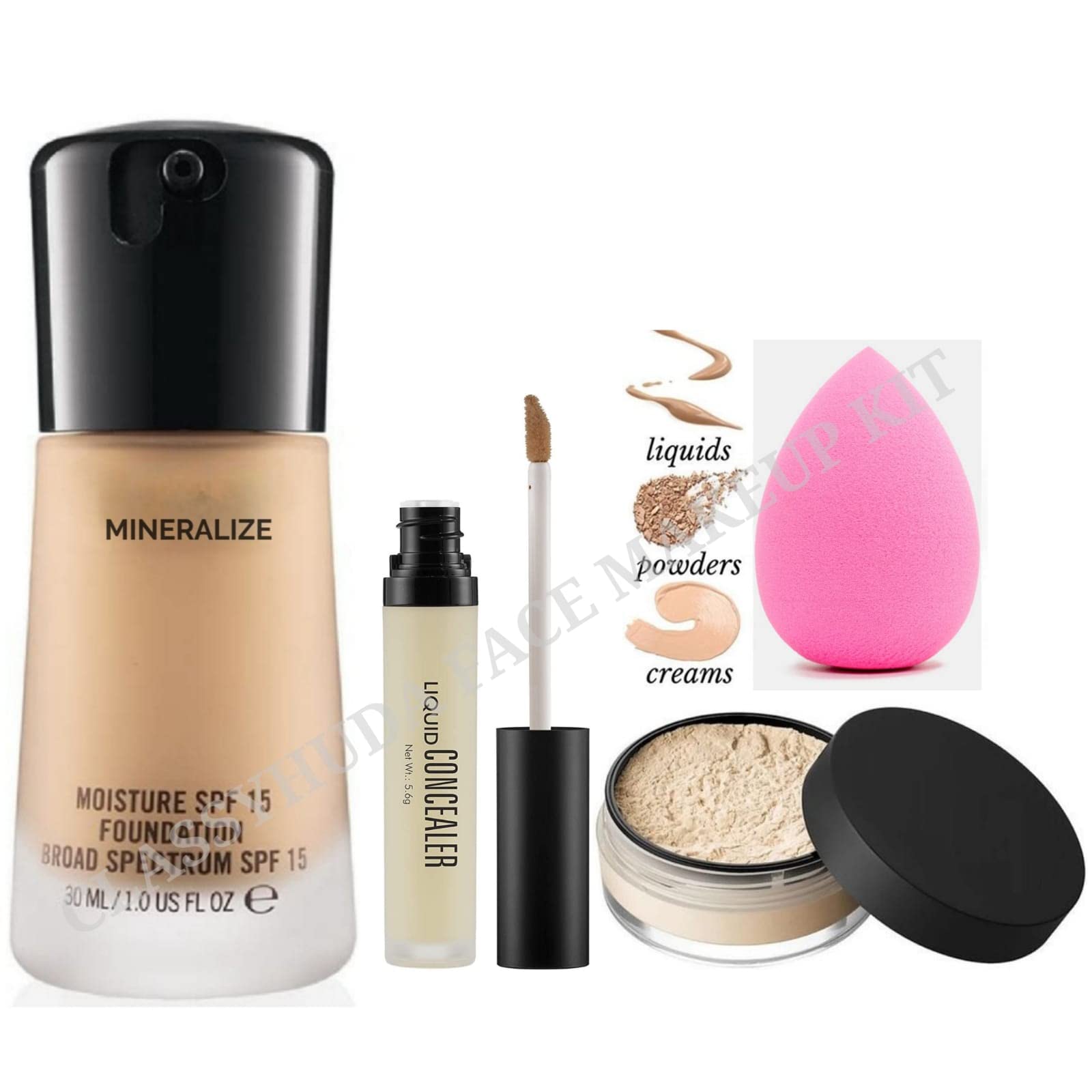 Huda Professional Foundation, Concealer, Makeup Puff & Face Powder Combo - Mini Face Makeup Kit for Flawless Coverage | Perfect for Travel, Bridal & Everyday Glam