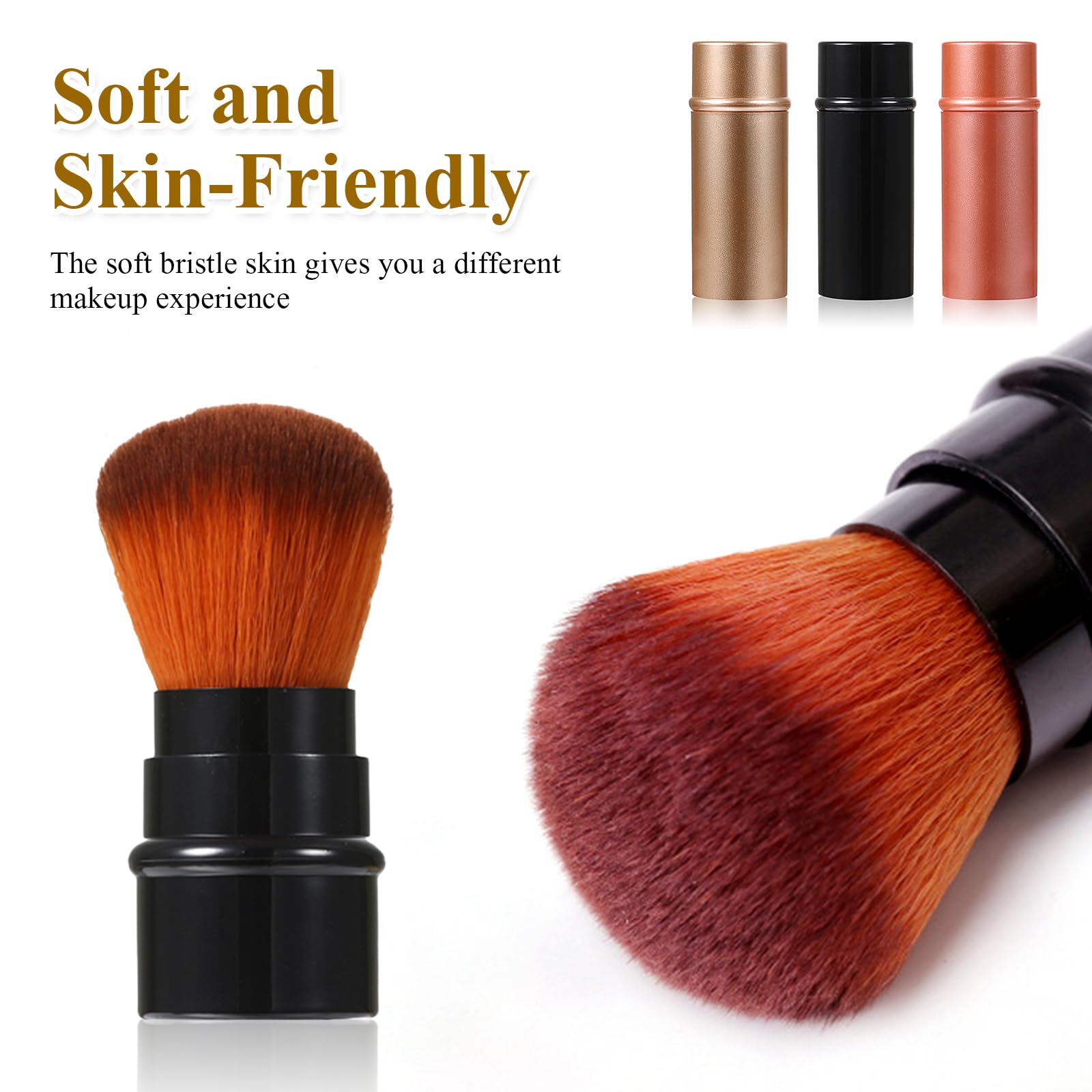 3-Color Retractable Makeup Brush Set - Travel Kabuki & Blush Brushes for Foundation & Powder (Red/Black/Brown) - Perfect for On-the-Go Touchups