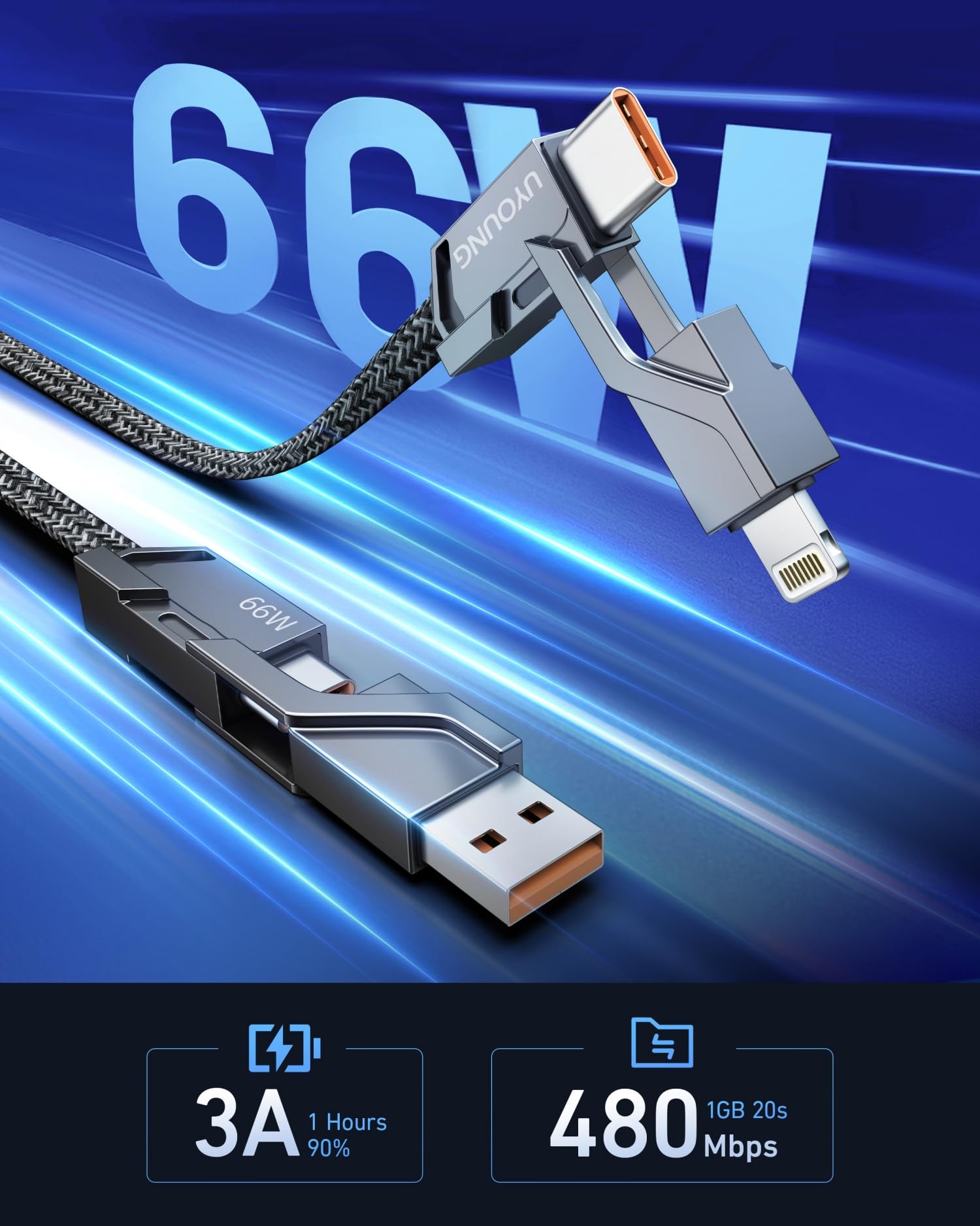 4-in-1 USB C Cable & Lightning Cable 6FT - 60W Fast Charging Cord with Multiple Ports (USB C/USB A/Lightning) - Compatible with iPhone 16/15/14/13/12/Pro & Samsung Galaxy - Perfect for Home, Office & Travel Charging Needs