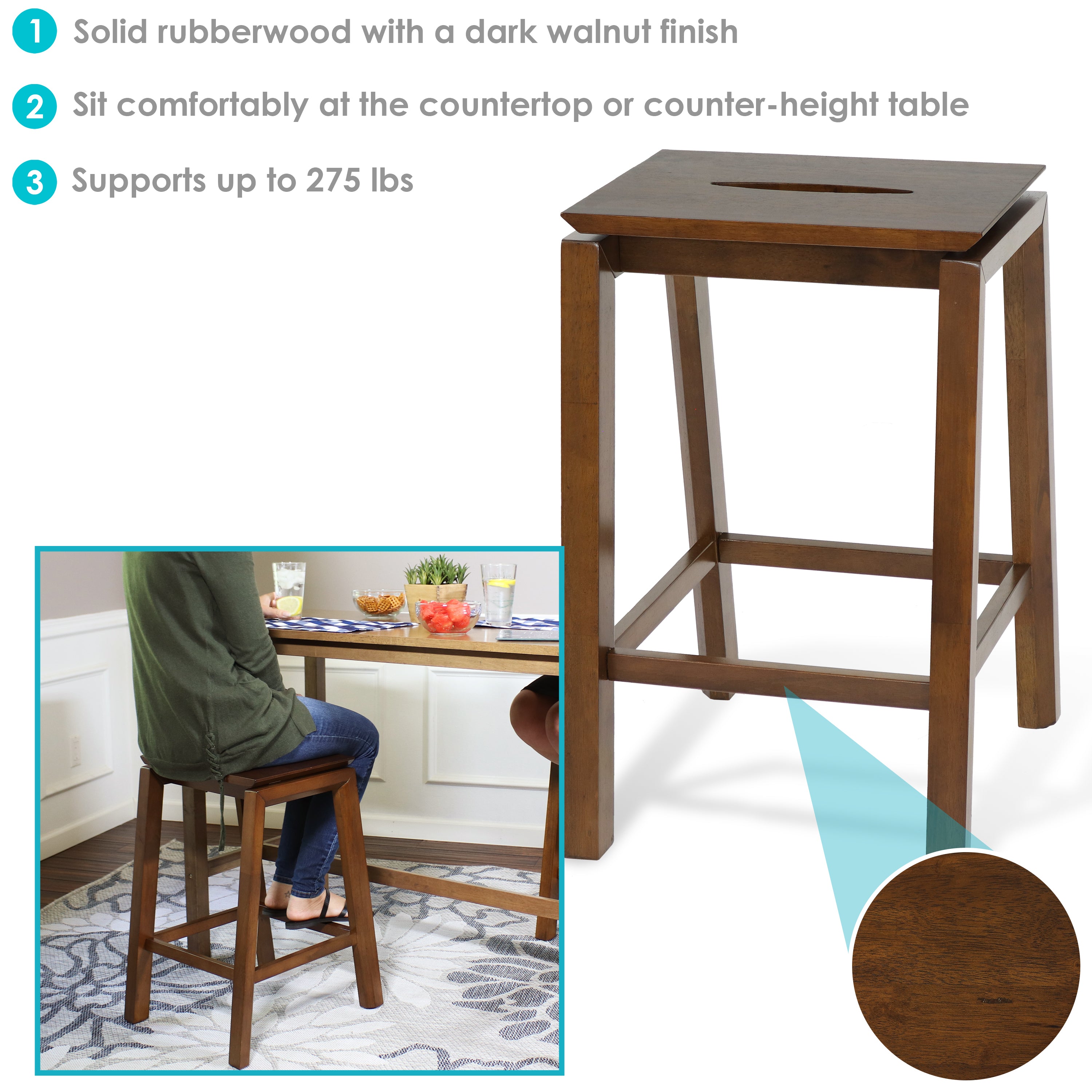 Sunnydaze Set of 2 Modern Counter Height Bar Stools - Dark Walnut Finish - Perfect for Kitchen Islands, Breakfast Bars & Home Decor