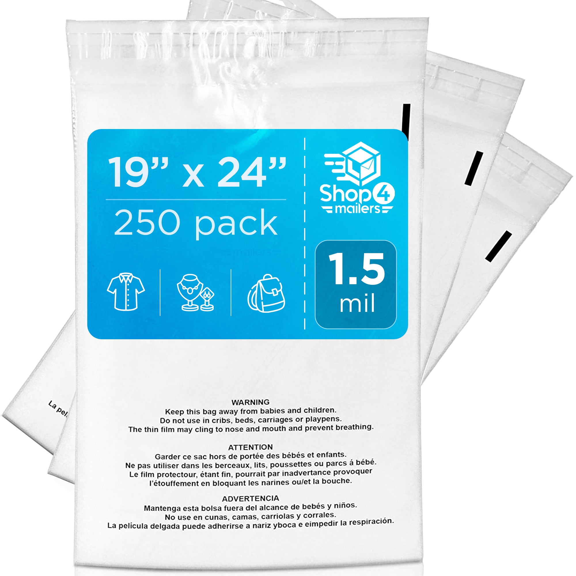 Shop4Mailers 19x24 Inch Clear Self Seal Poly Bags with Suffocation Warning - 1.5 Mil Thick Plastic Mailing Bags for Shipping, Storage & Packaging