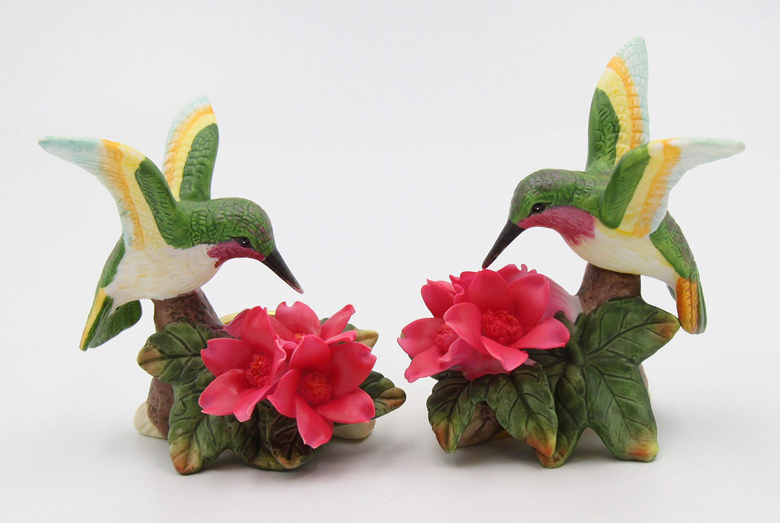 Elegant Fine Porcelain Hummingbird & Red Malus Flower Taper Candle Holders - Set of 2 (3.5