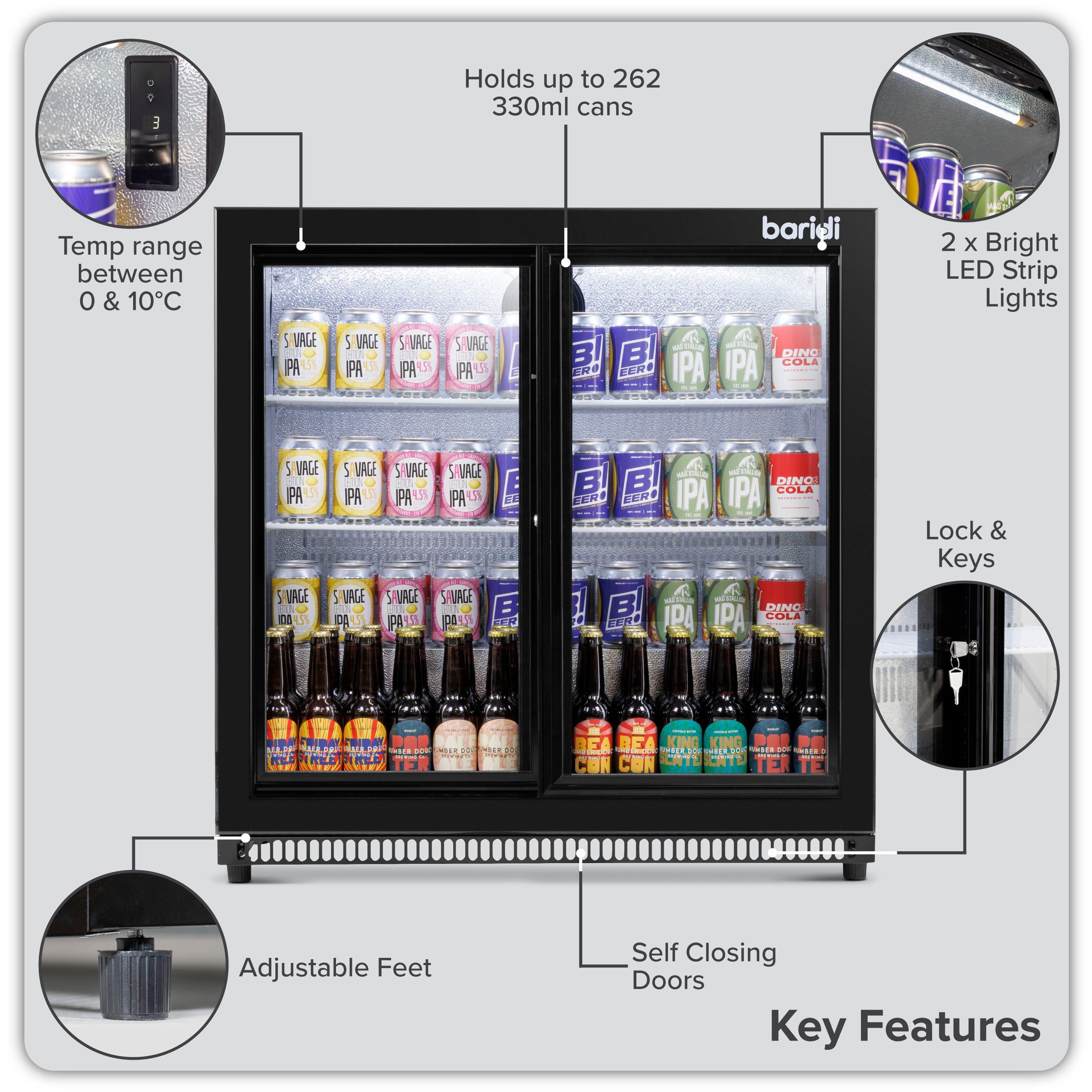 Baridi 190L Double Sliding Door Back Bar Refrigerator - Commercial Grade Black Drink Cooler for Bars, Restaurants & Home Use | Energy Efficient Beverage Fridge with Adjustable Shelves (Model DH273)