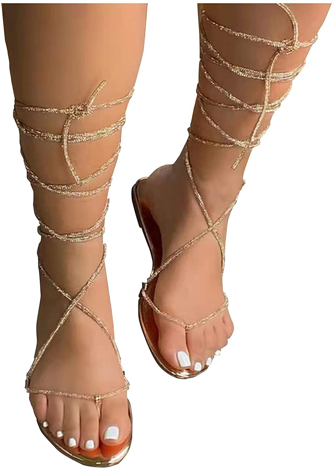 Women's Lace-Up Sandals with Shiny Rhinestones - Elegant Crystal Wrap Flat Open-Toe Dressy Sandals for Summer Weddings, Parties & Beach Vacations