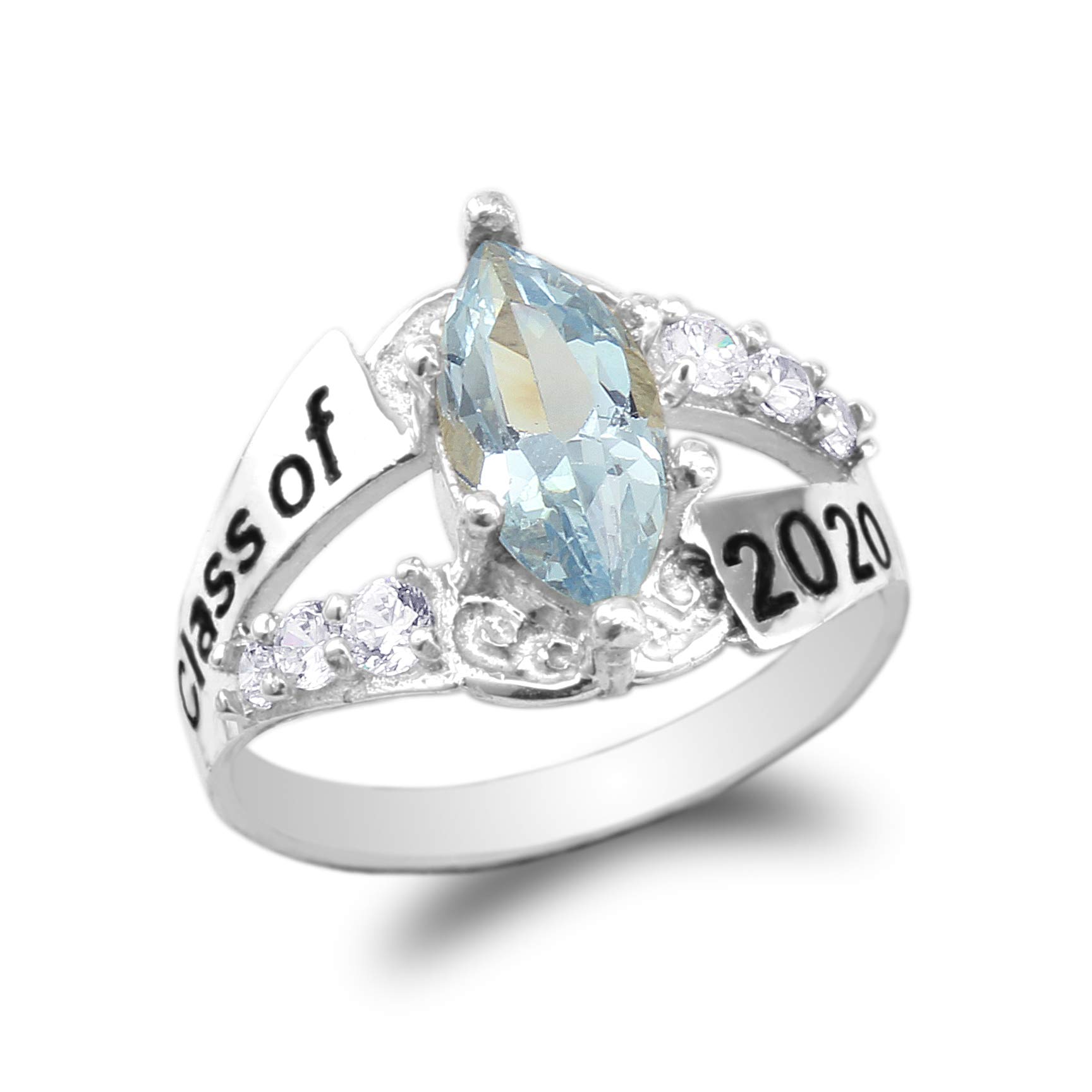 10K White Gold Class of 2020 Graduation Ring with 1.25ct Baby Blue Aquamarine & Marquise CZ - Sizes 4-10 - Perfect for High School & College Graduation Gifts, Commemorative Jewelry & Special Occasions