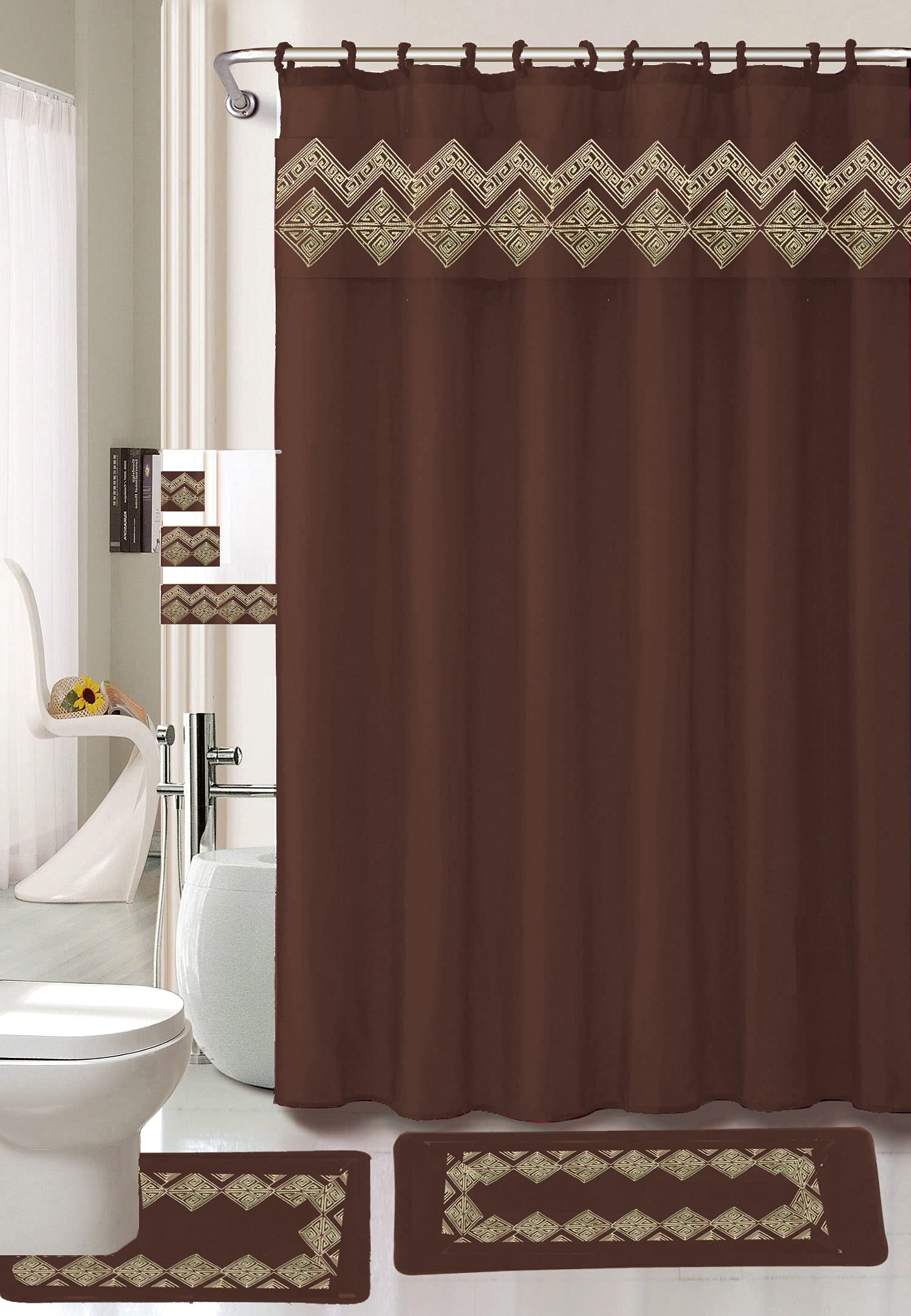 Empire Home 18-Piece Vibrant Diamond Bathroom Set - Non-Slip Bath Rugs, Waterproof Shower Curtain, Hooks & 3-Piece Towel Set in Chocolate Brown - Complete Luxury Bathroom Decor for Master Bath & Guest Rooms