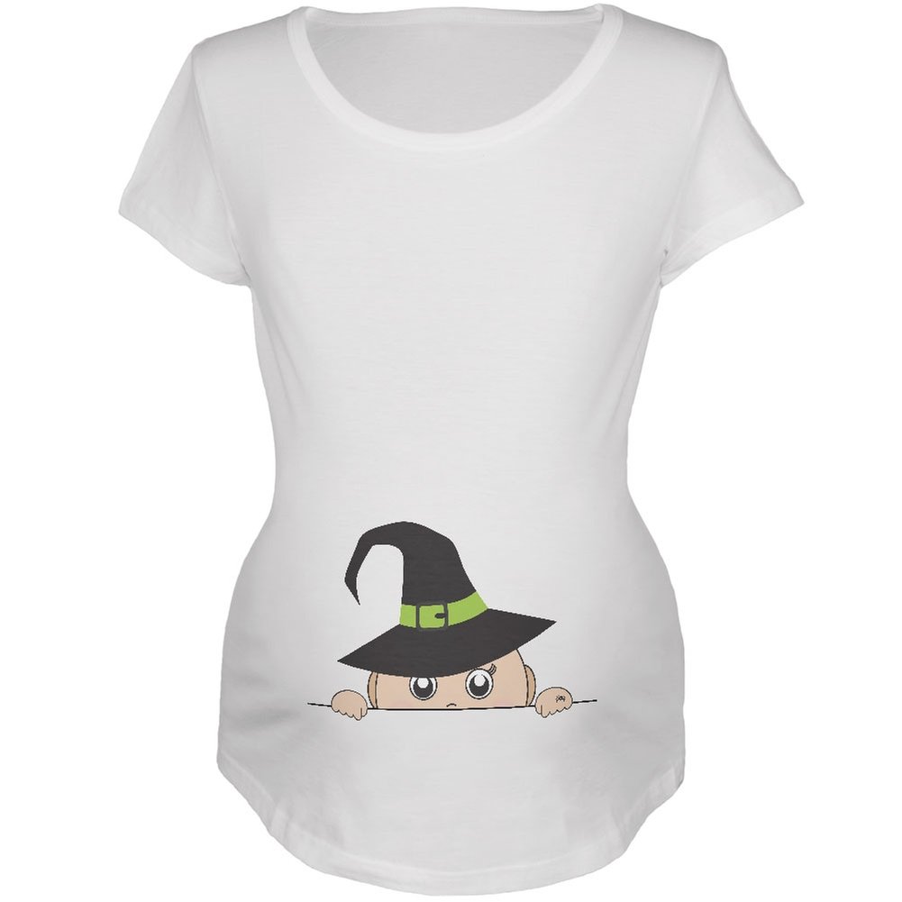 Old Glory Halloween Peeking Baby Witch White Maternity Soft T-Shirt - Comfortable Cotton Pregnancy Tee for Halloween Costume & Maternity Photoshoot