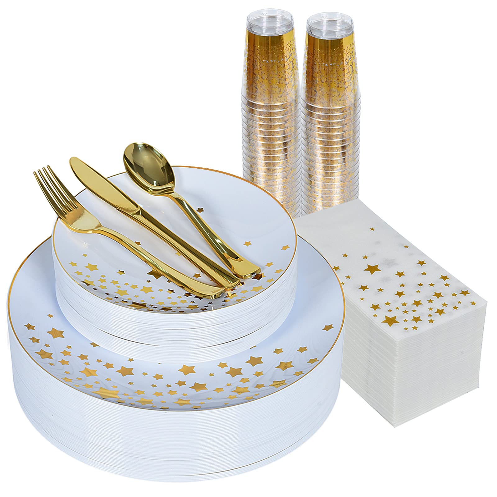 350-Piece Gold Dinnerware Set - 50 White Plastic Plates, 50 Gold Plastic Forks, 50 Gold Plastic Cups, 50 Paper Napkins - Disposable White & Gold Party Tableware for Weddings, Birthdays & Special Events - Perfect for Elegant Celebrations & Large Gatherings