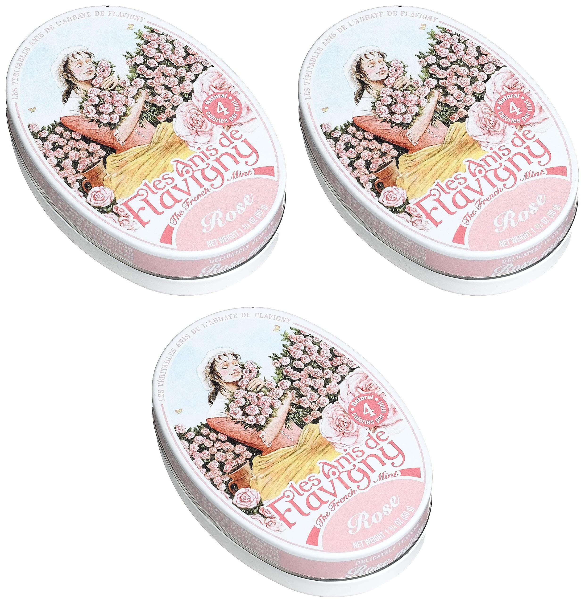 Les Anis De Flavigny Rose French Mints - 3 Pack (1.75oz Tins) | Delicate Rose Flavor Natural Candy | Perfect for After Meals, Travel & Gifts