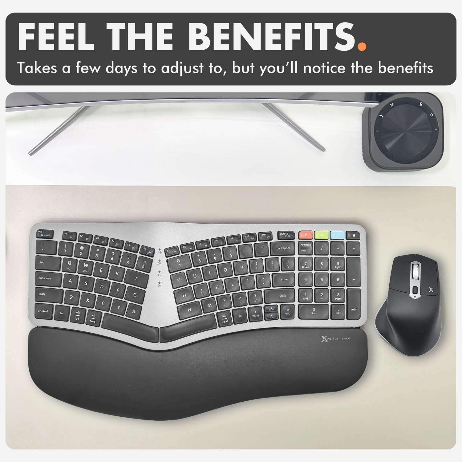X9 Ergonomic Wireless Keyboard and Mouse Combo - 2.4G & Bluetooth Dual Mode, Split Design with Wrist Rest for Comfortable Typing - Full-Size Ergonomic Keyboard for PC, Laptop, Office & Home Use - Reduce Wrist Pain During Long Work Sessions